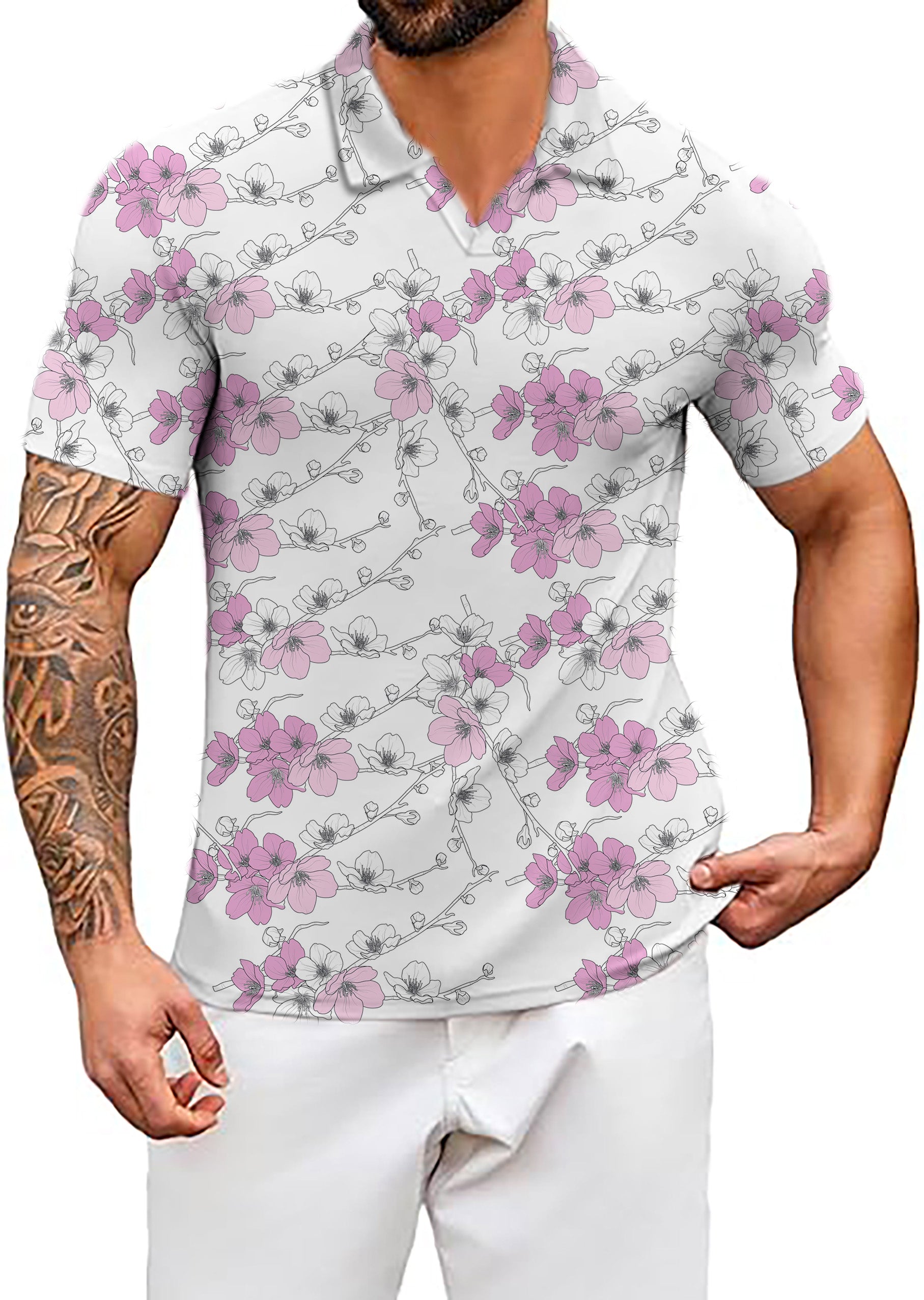 Men's White Cherry Blossom V Neck Golf Polo Shirts