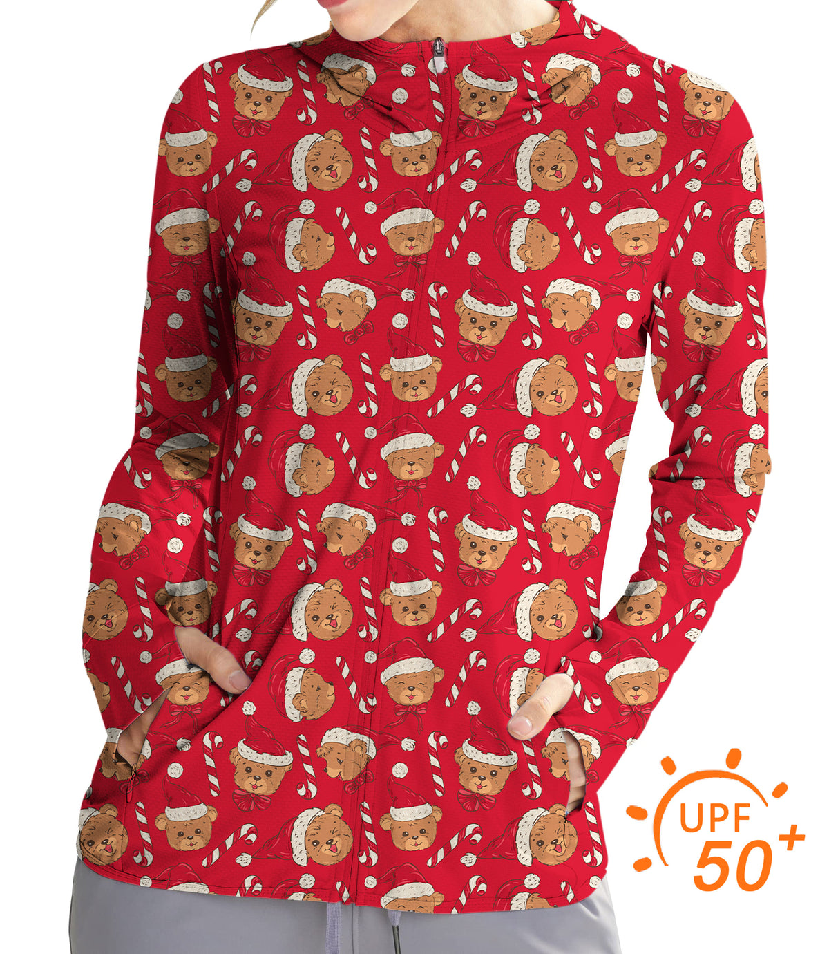 Women's Outdoor Red Christmas Teddy Bear Golf Sun Protection Slim Fit zip hoodies