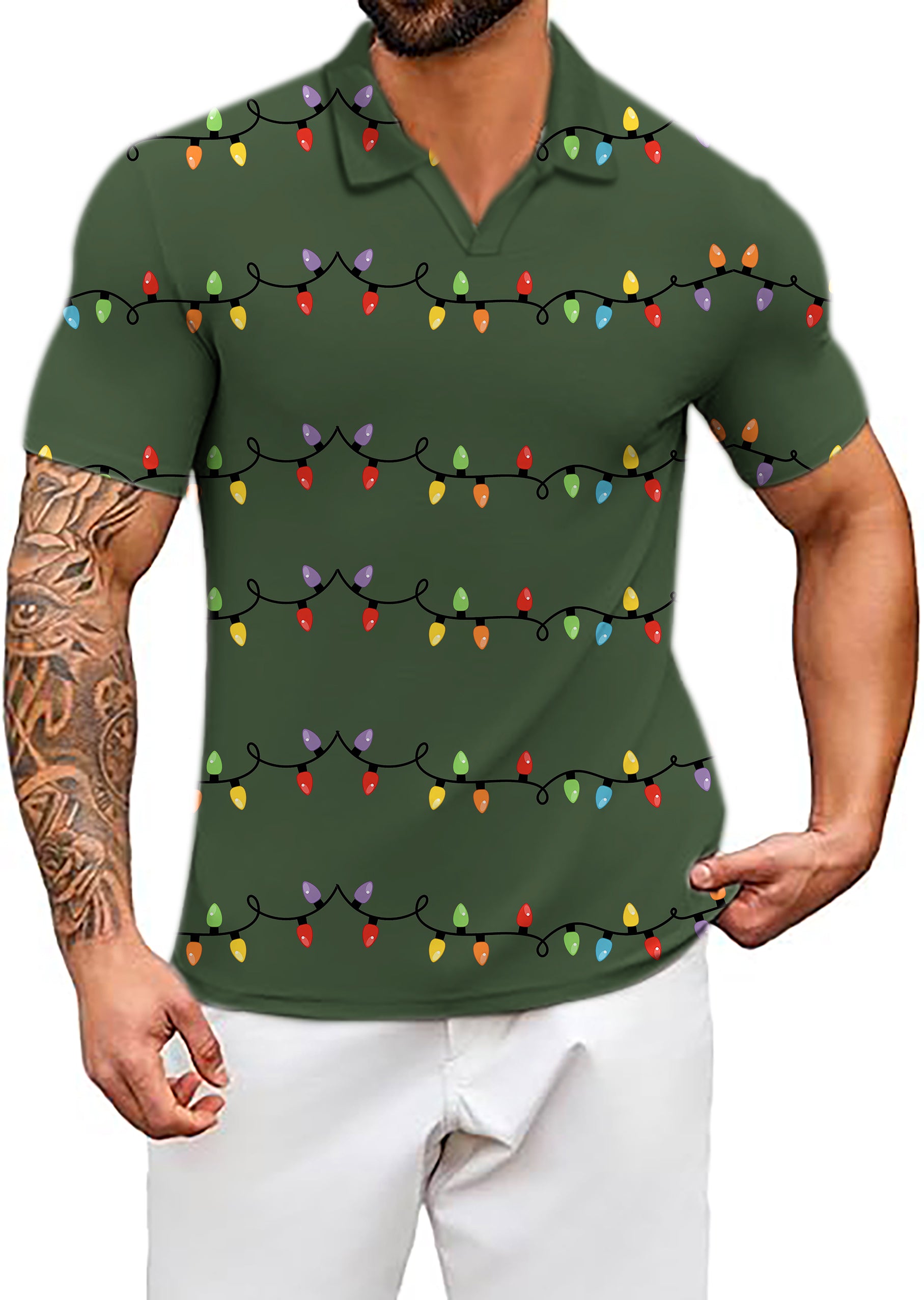 Men's lighting Christmas V Neck Golf Polo Shirts