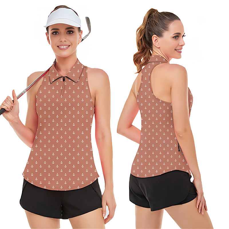 Dark orange women's sleeveless golf tank top with anchor print and moisture-wicking fabric.