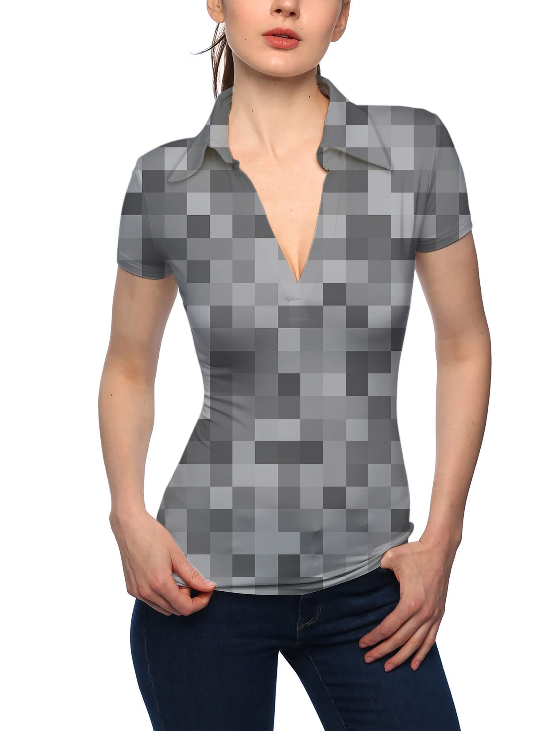 Women's Grey Pixel Big V Neck Golf Polo