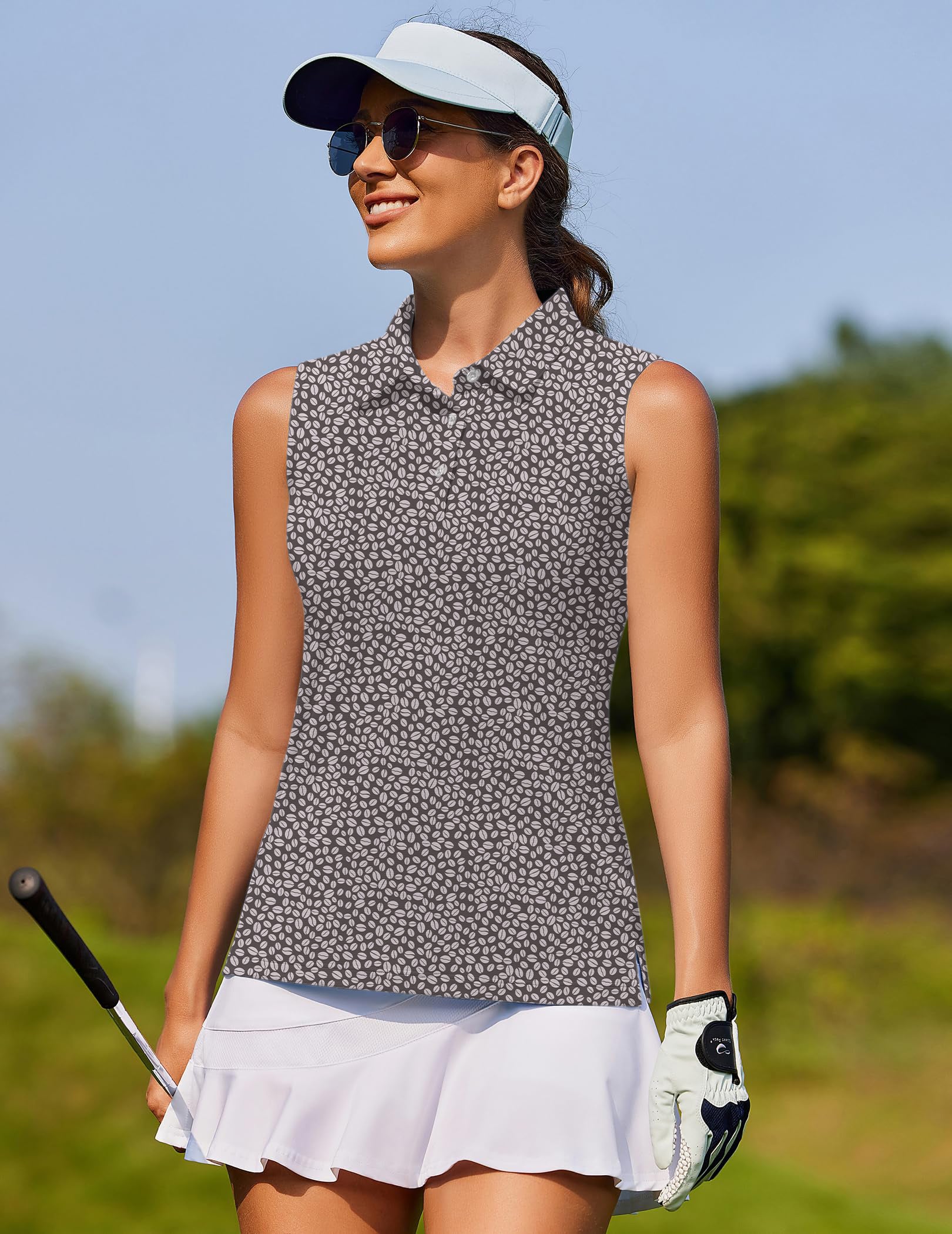 Coffee Beans Women's golf sleeveless shirt with coffee bean pattern worn by golfer outdoors