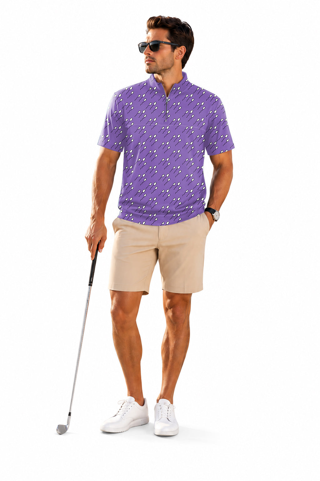 Men's Short Sleeve Quarter Zip Golf Pullover Abstract Sperm Lines Embroidery