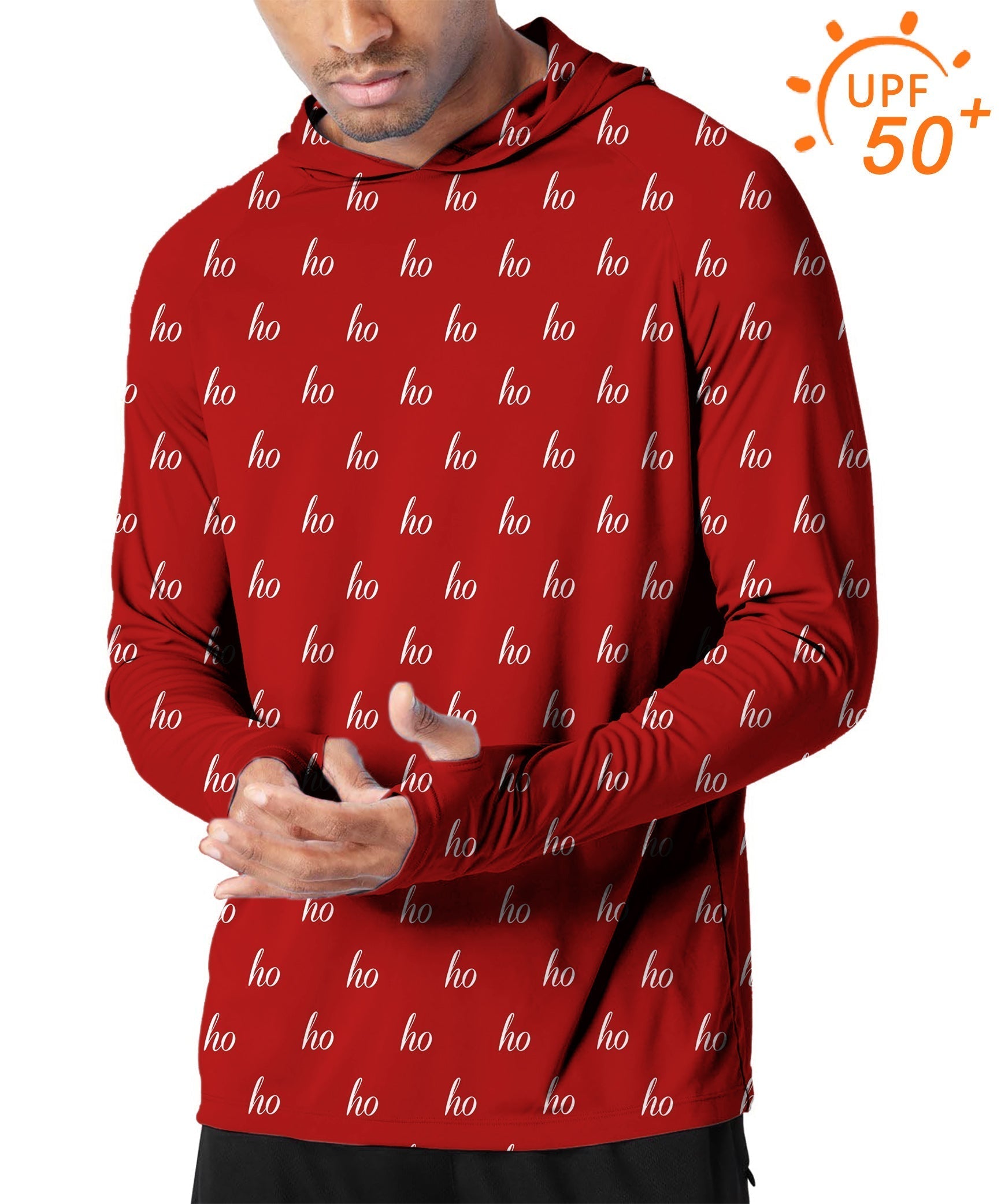 Men's outdoor red slim fit hoodie with custom name, Christmas design, UPF 50+ sun protection, breathable and moisture-wicking fabric for golf and outdoor activities