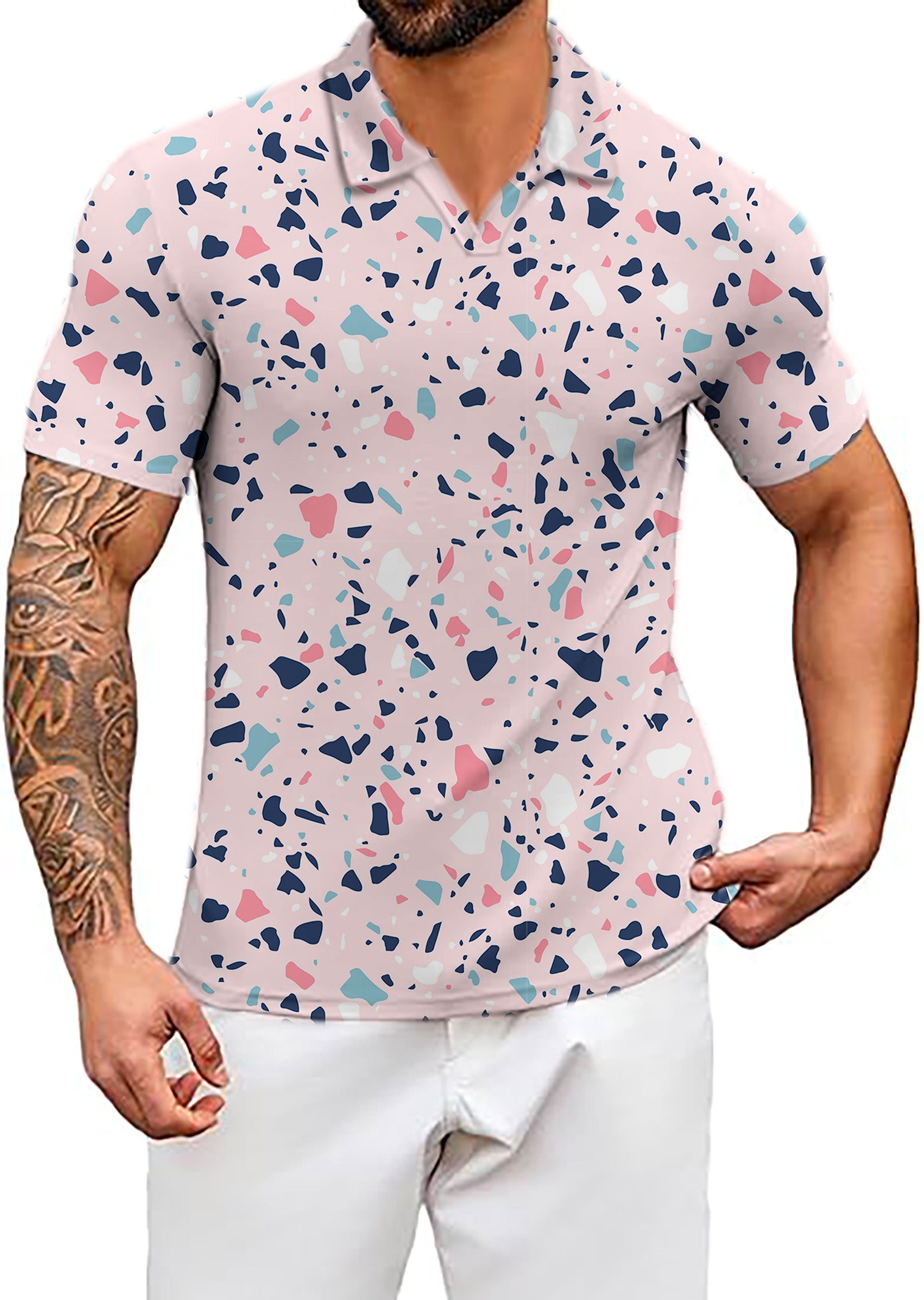 Men's Pink Paint Splatter V Neck Golf Polo Shirts