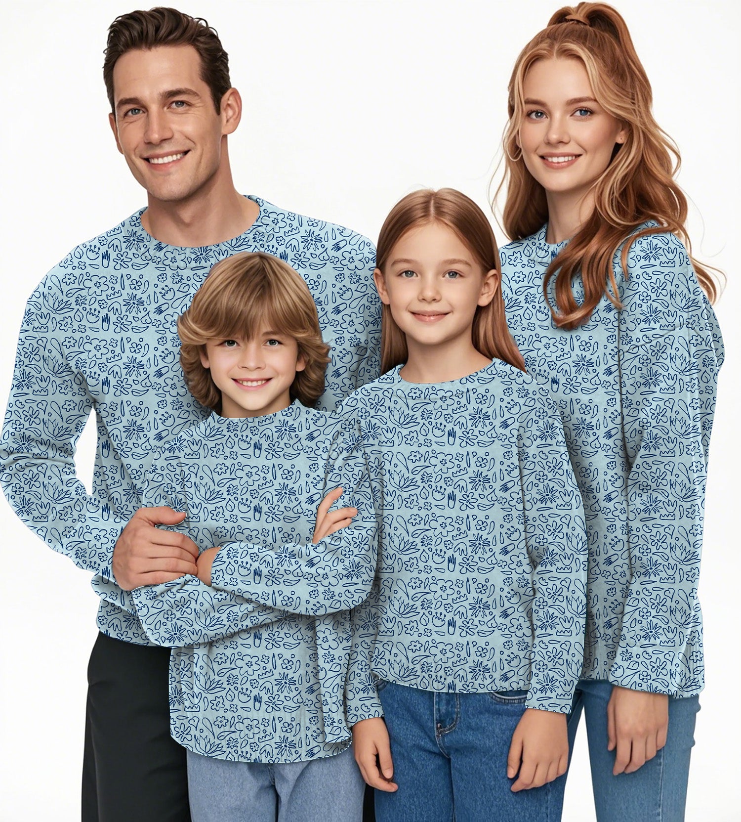 Simple Blue flower drawing Crewneck Pullover Ugly Sweater Men Women boy girl family