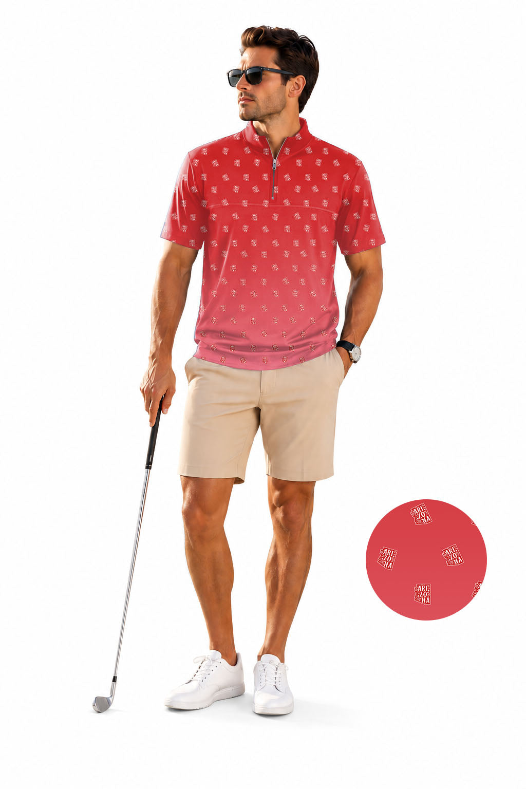 Men's Short Sleeve Quarter Zip Golf Pullover Red Arizona Embroidery