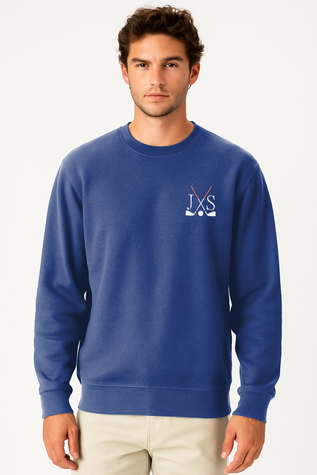 Embroidery solid color navy blue men's crew neck sweatshirt with rib knit cuffs and front pouch pocket