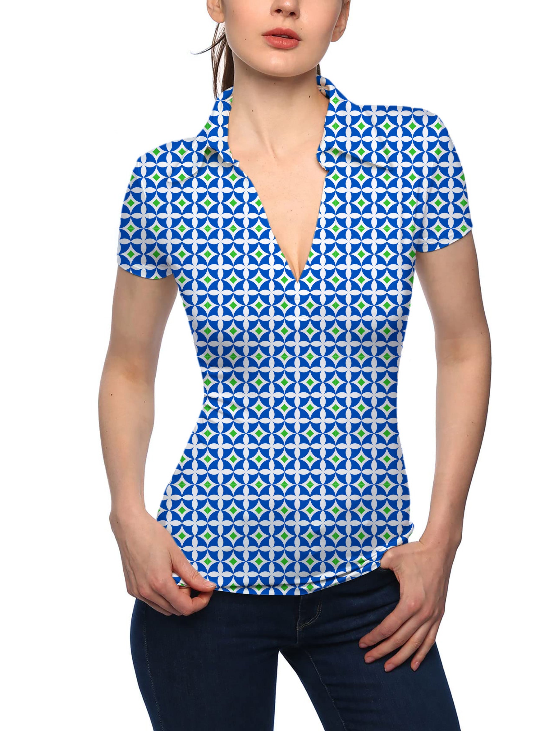 Women's Blue-Green Diamond V Neck Golf Polo