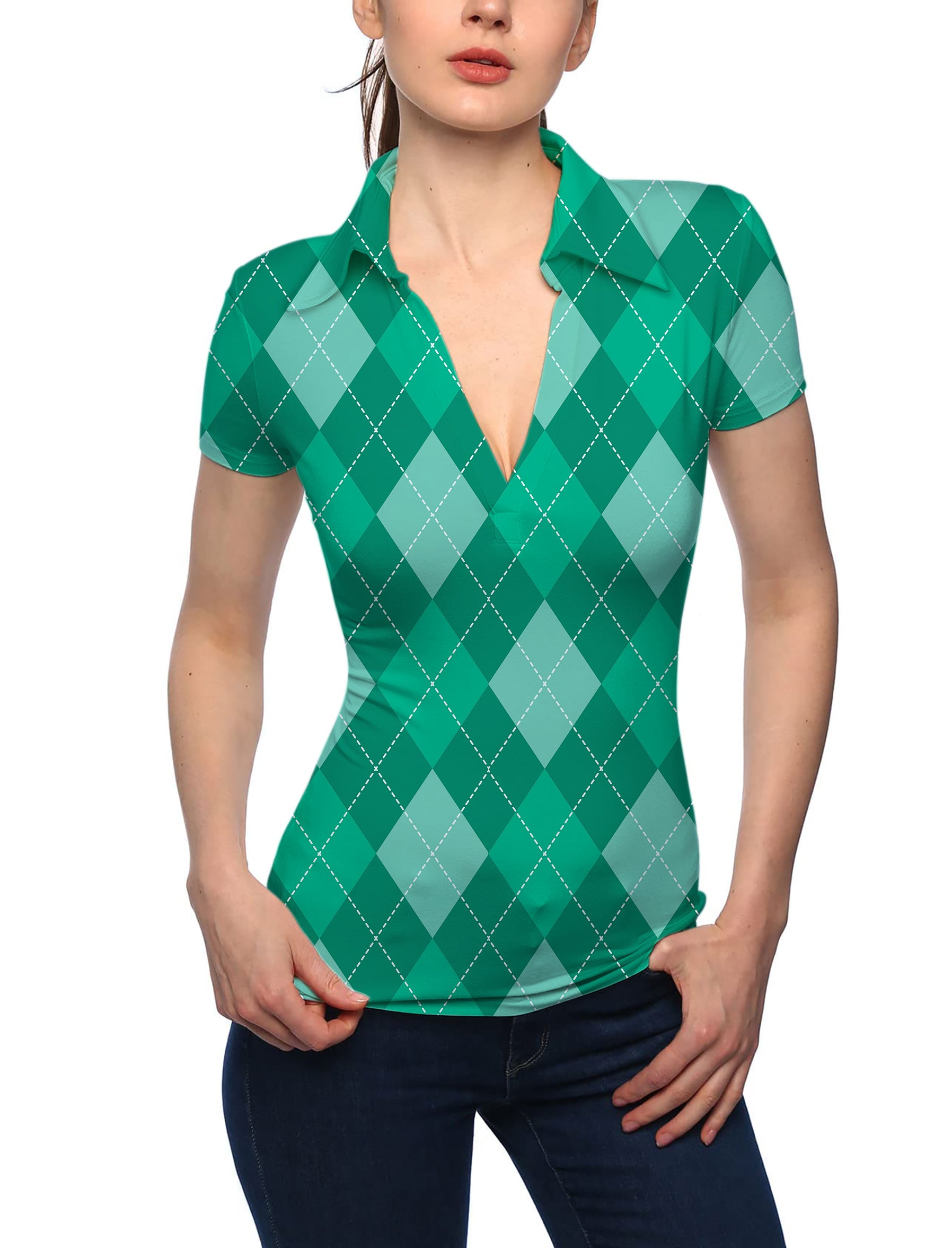 Women's Green Argyle V Neck Golf Polo