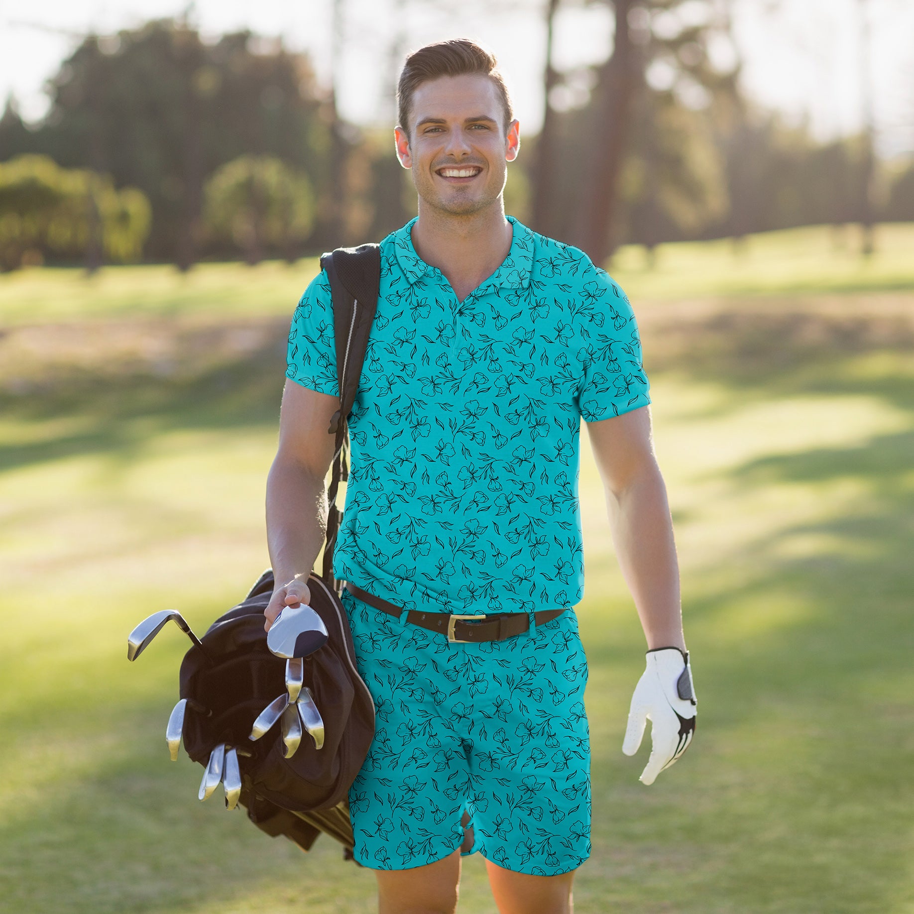 Men's Golf Set Polo+Shorts flowers teal limited edition