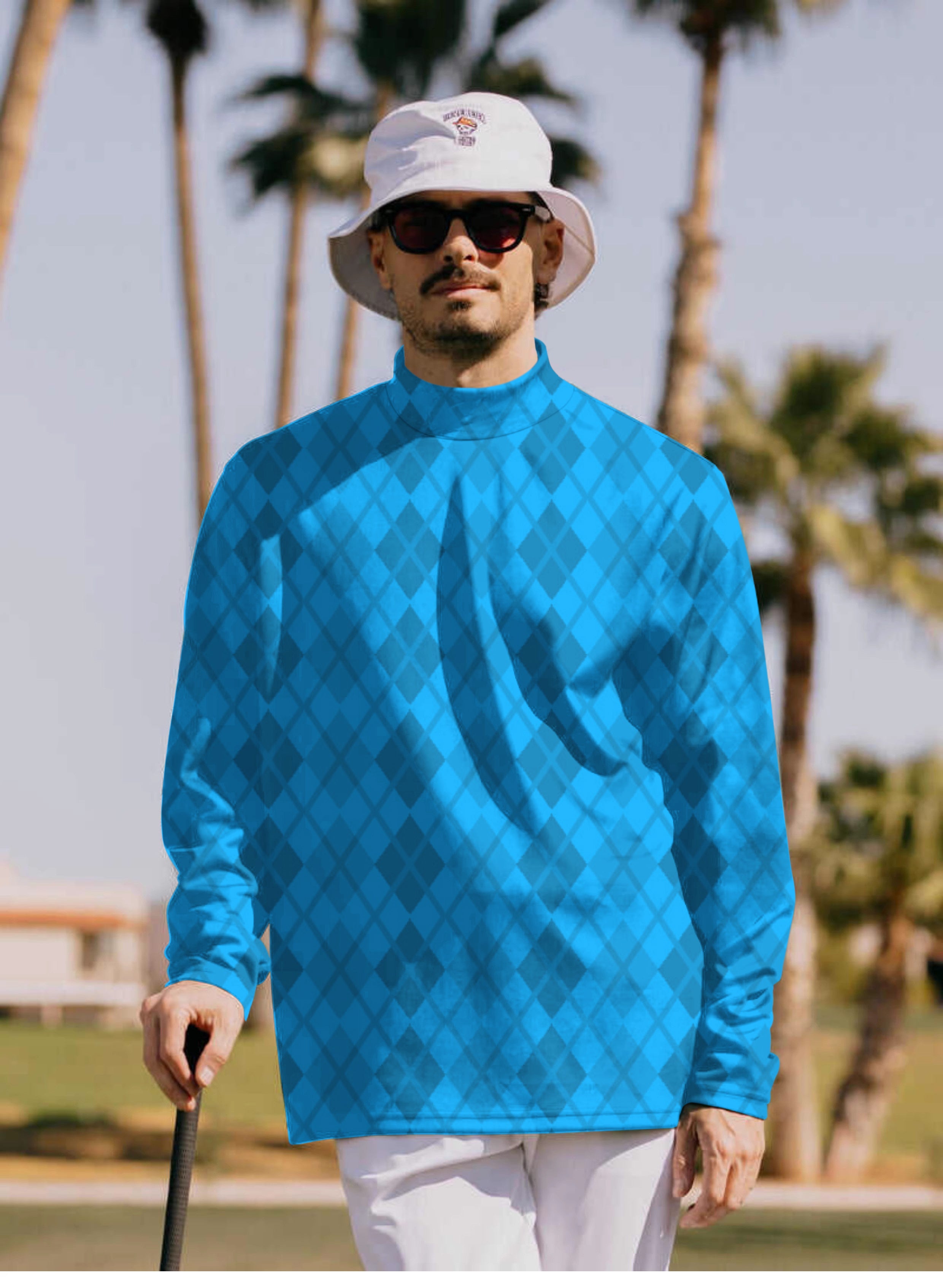 Men's Argyle Blue grid Pullover High neck Long/Short sleeve T-Shirt