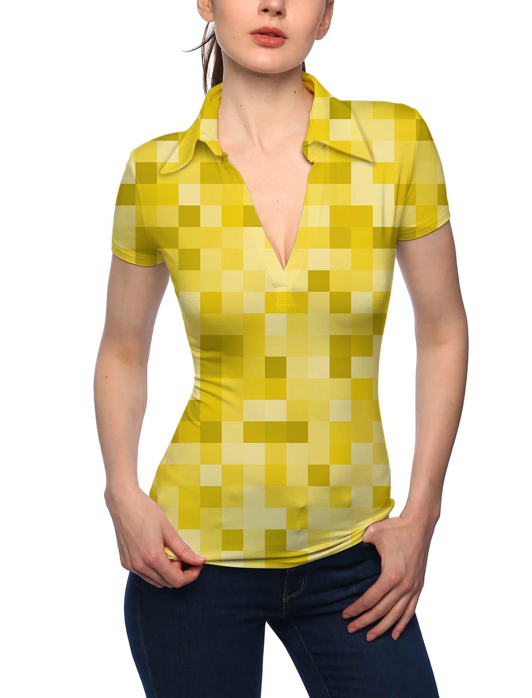 Women's Yellow Pixel Big V Neck Golf Polo