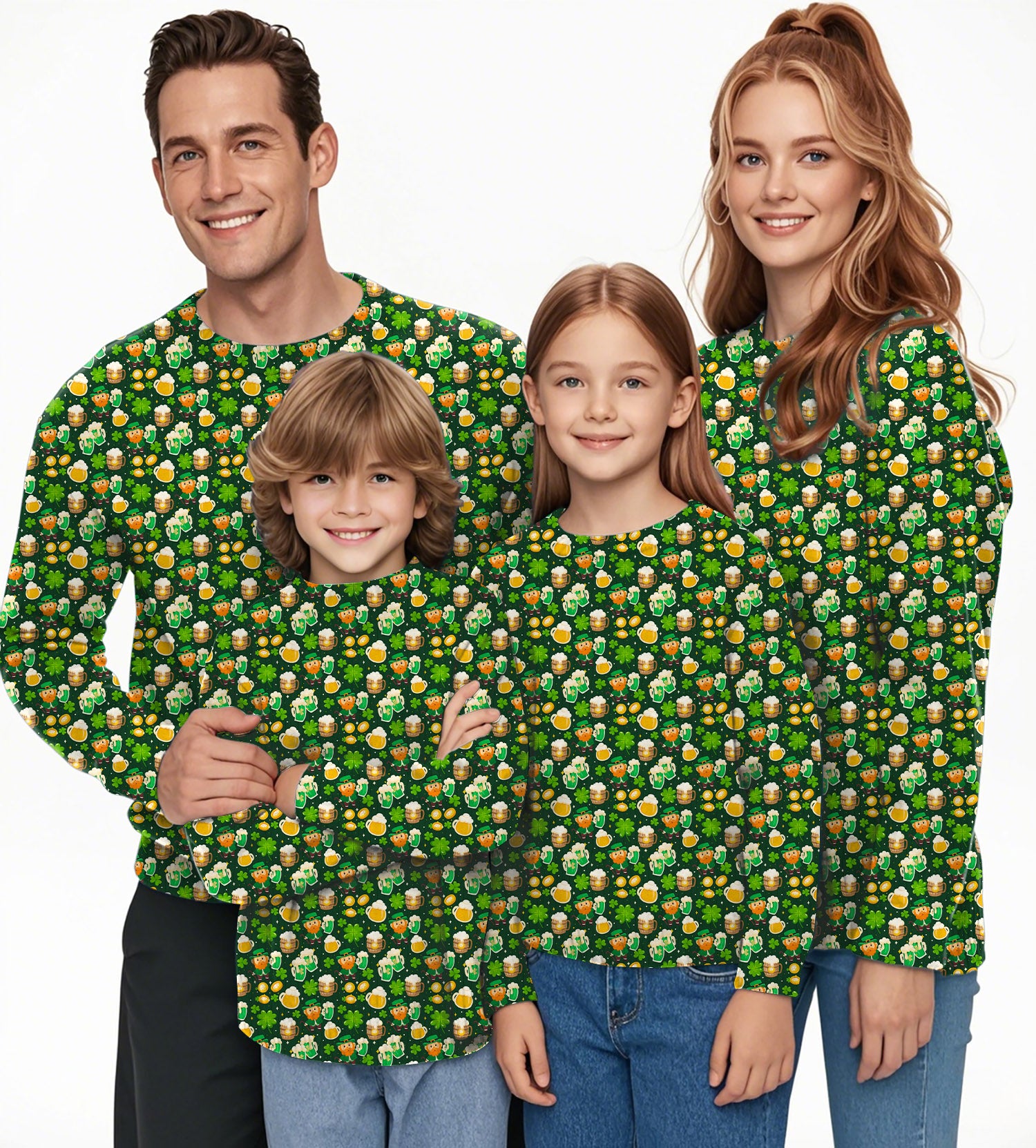 Green beer clover leaf St. Patrick's Day Crewneck Pullover Ugly Sweater Men Women boy girl family