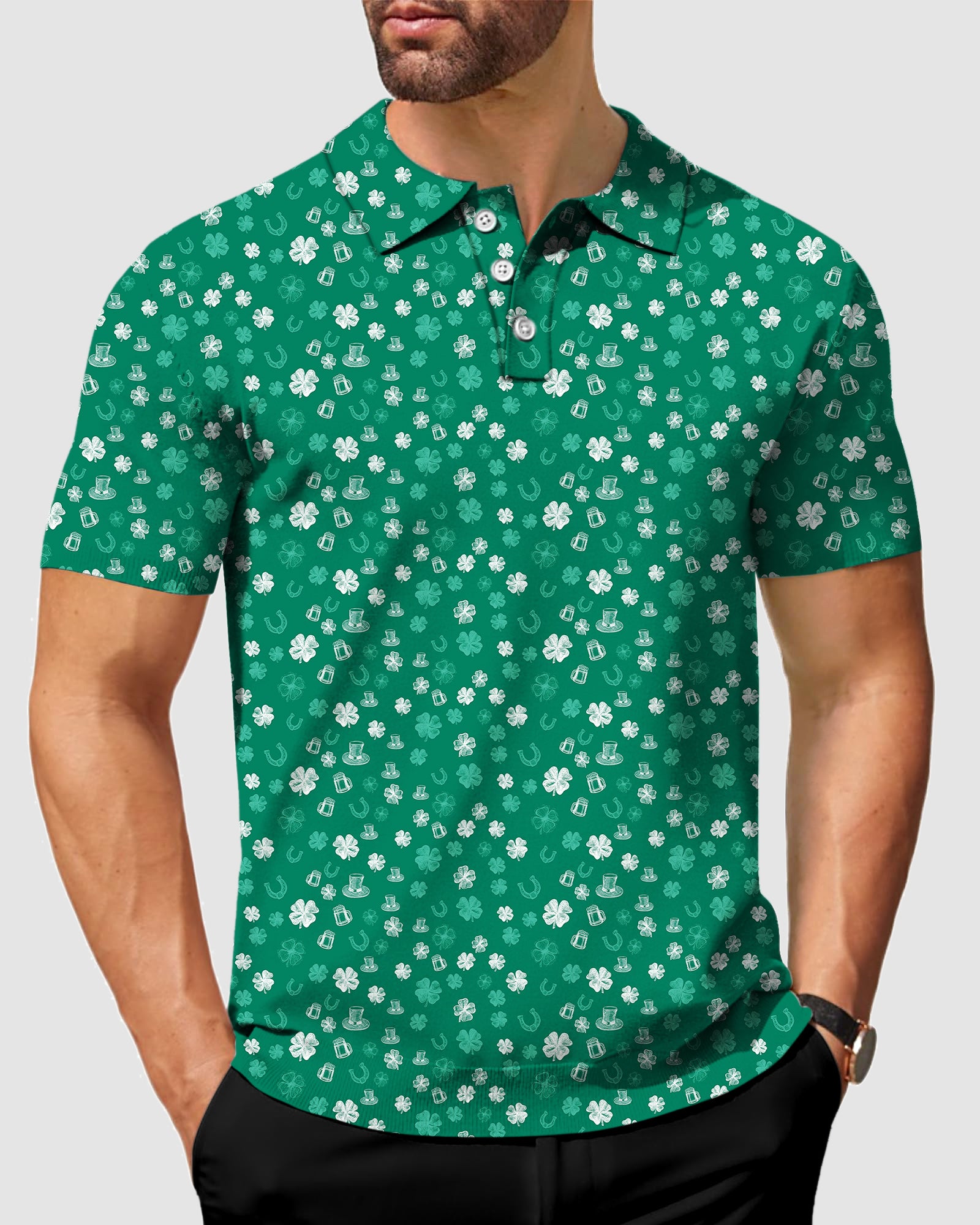 Men's Green beer clover leaf St. Patrick's Day Golf Polo