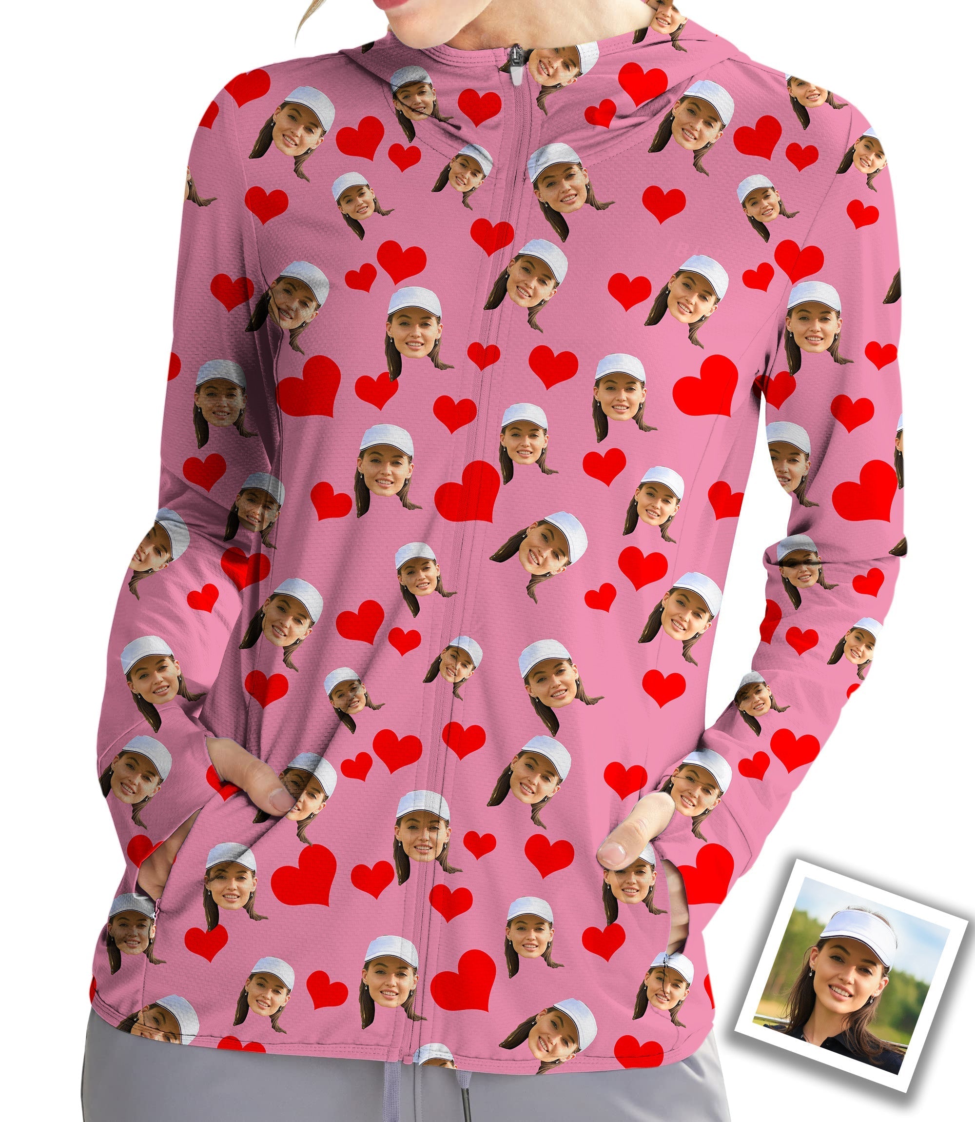 Women's outdoor custom red heart photo slim fit zip hoodie with sun protection and breathable fabric
