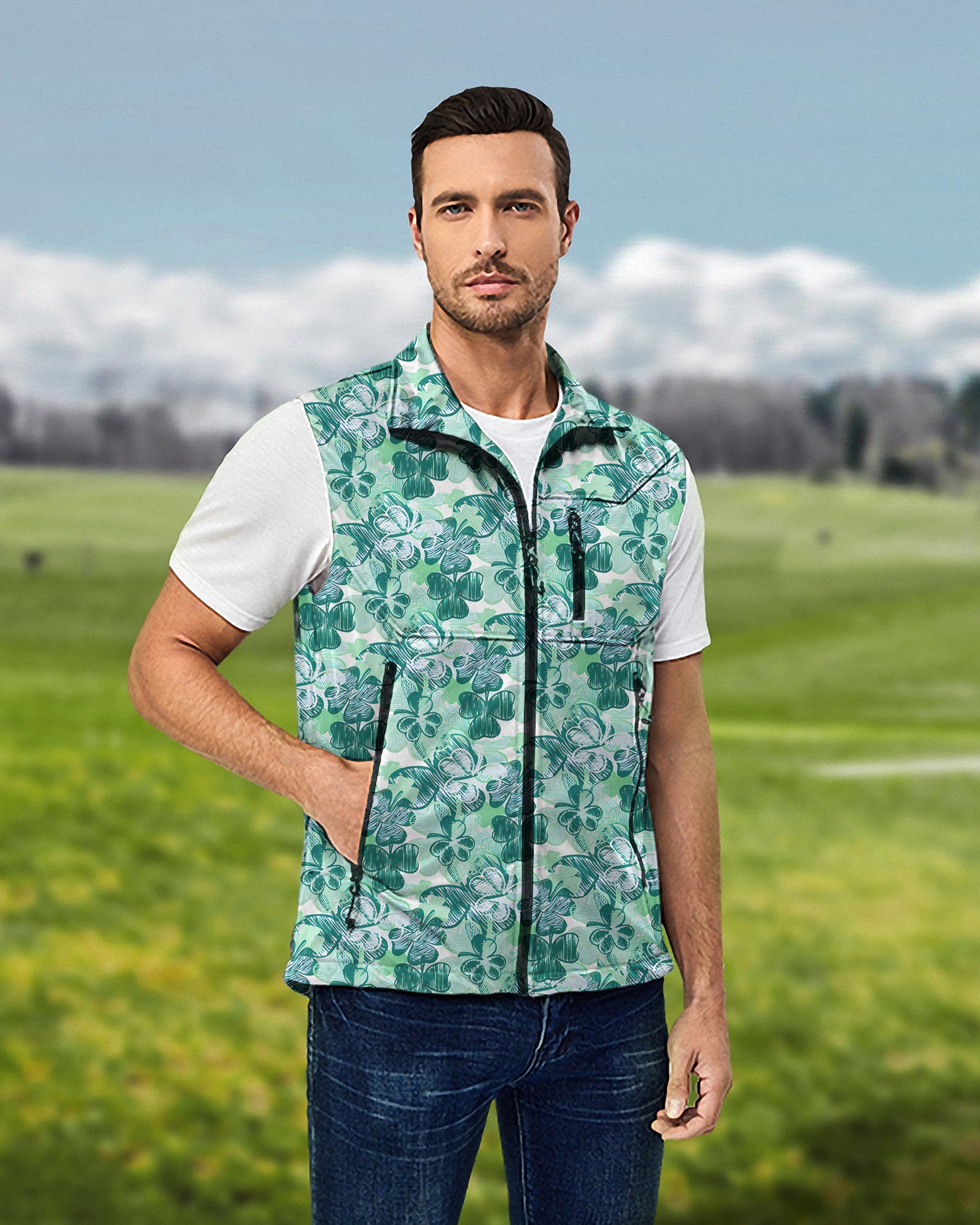 Men's Four leaf clover Lightweight Softshell Vest Sleeveless Jacket for Golf