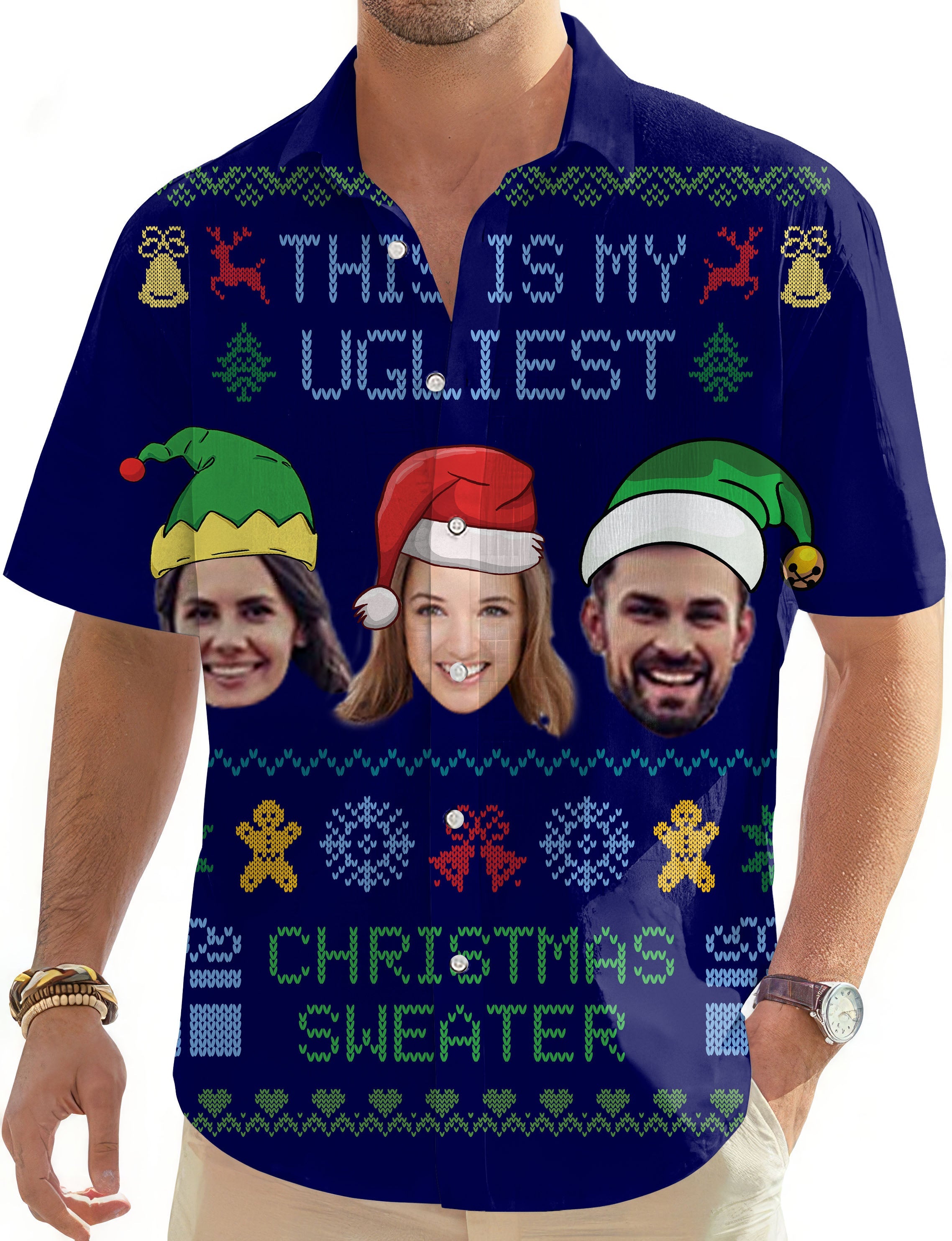 Navy Christmas custom face men's Hawaiian golf shirt with festive ugly sweater design and button-down collar