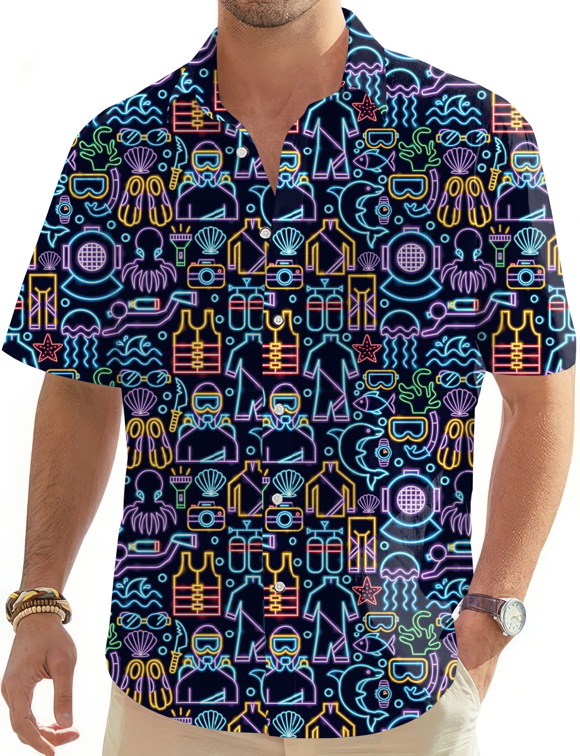 Neon Diver-Men's Golf Hawaiian Shirts Button Down Shirt