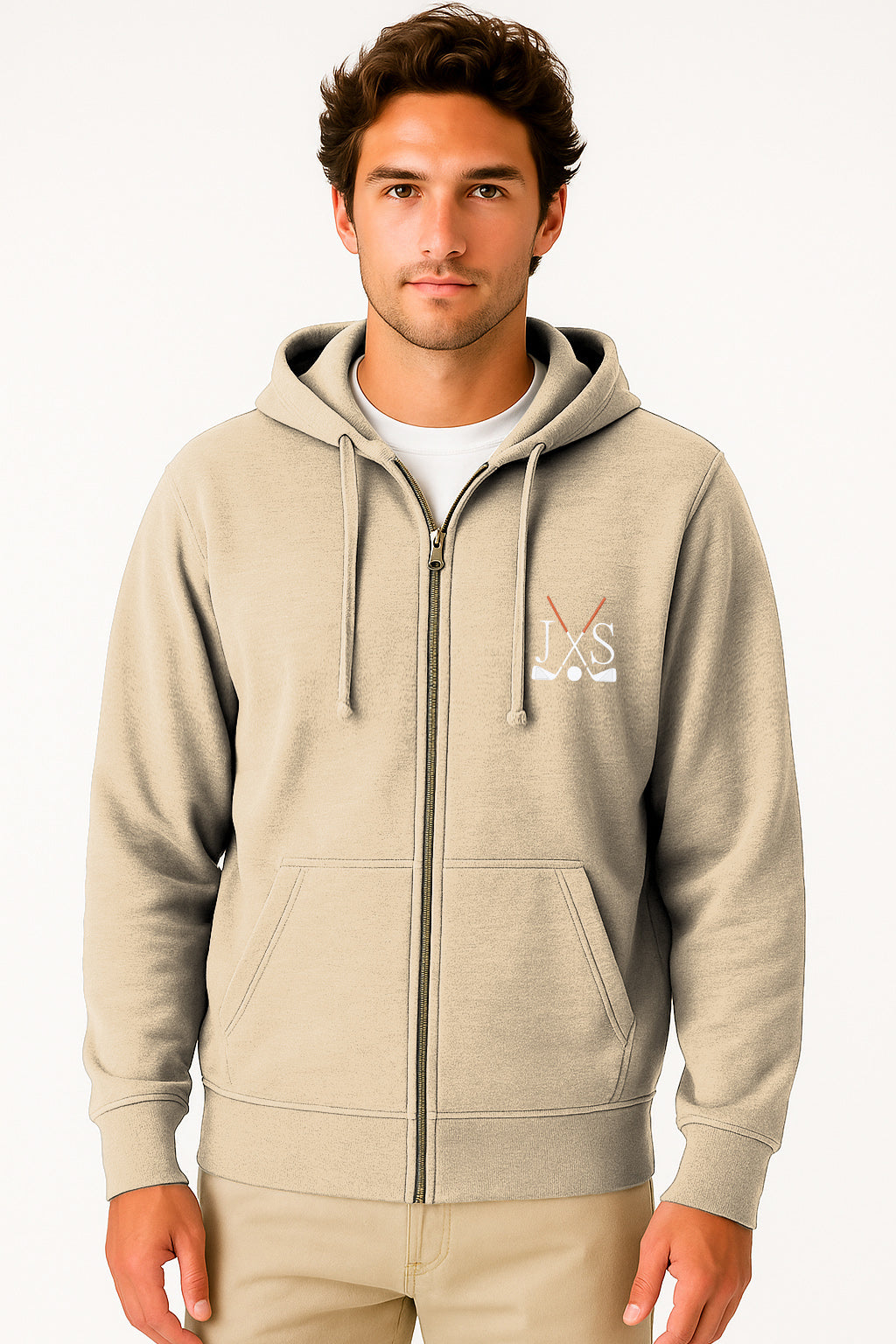 Embroidery solid color khaki men's plus size zip-up hoodie with rib knit cuffs and front pouch pockets.