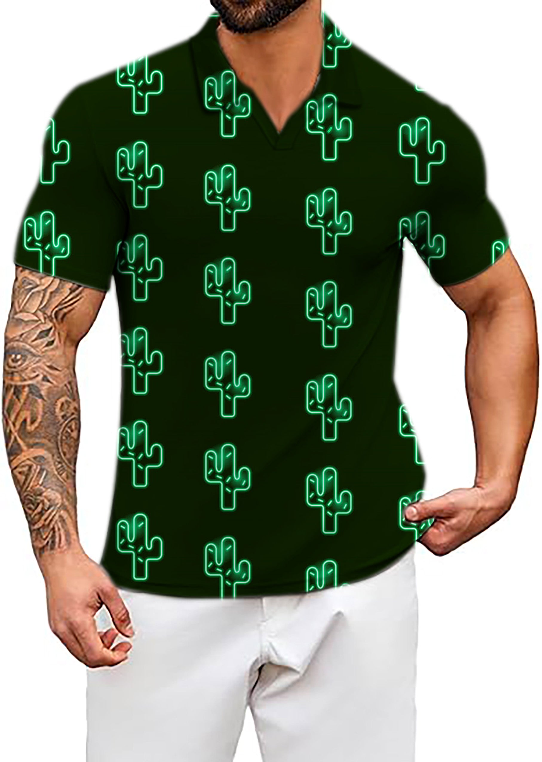 Men's Crazy Cactus V Neck Golf Polo Shirts