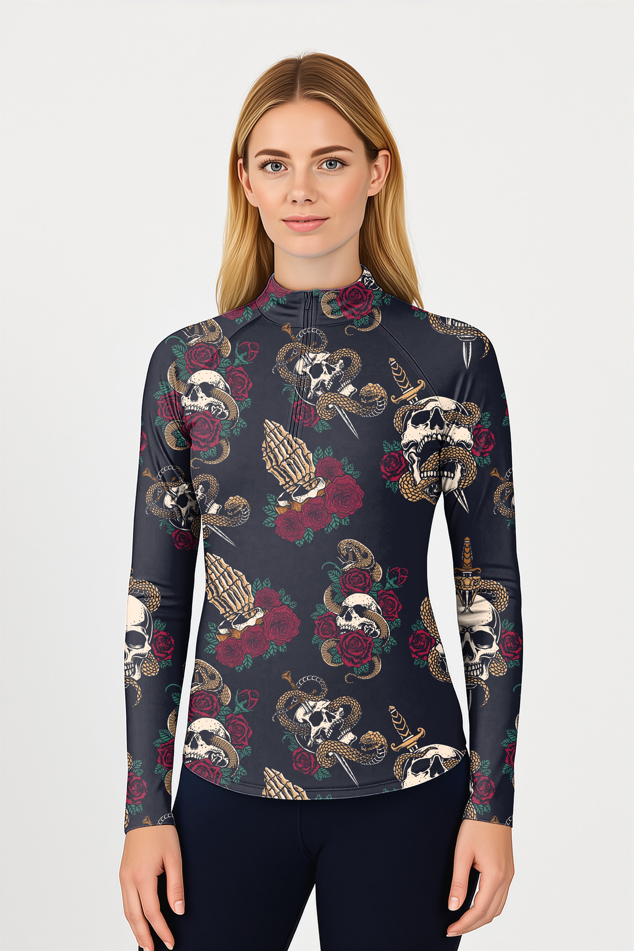 Halloween Snake Skeleton Women's Golf Active 3/4 Zipper Top Long Sleeves