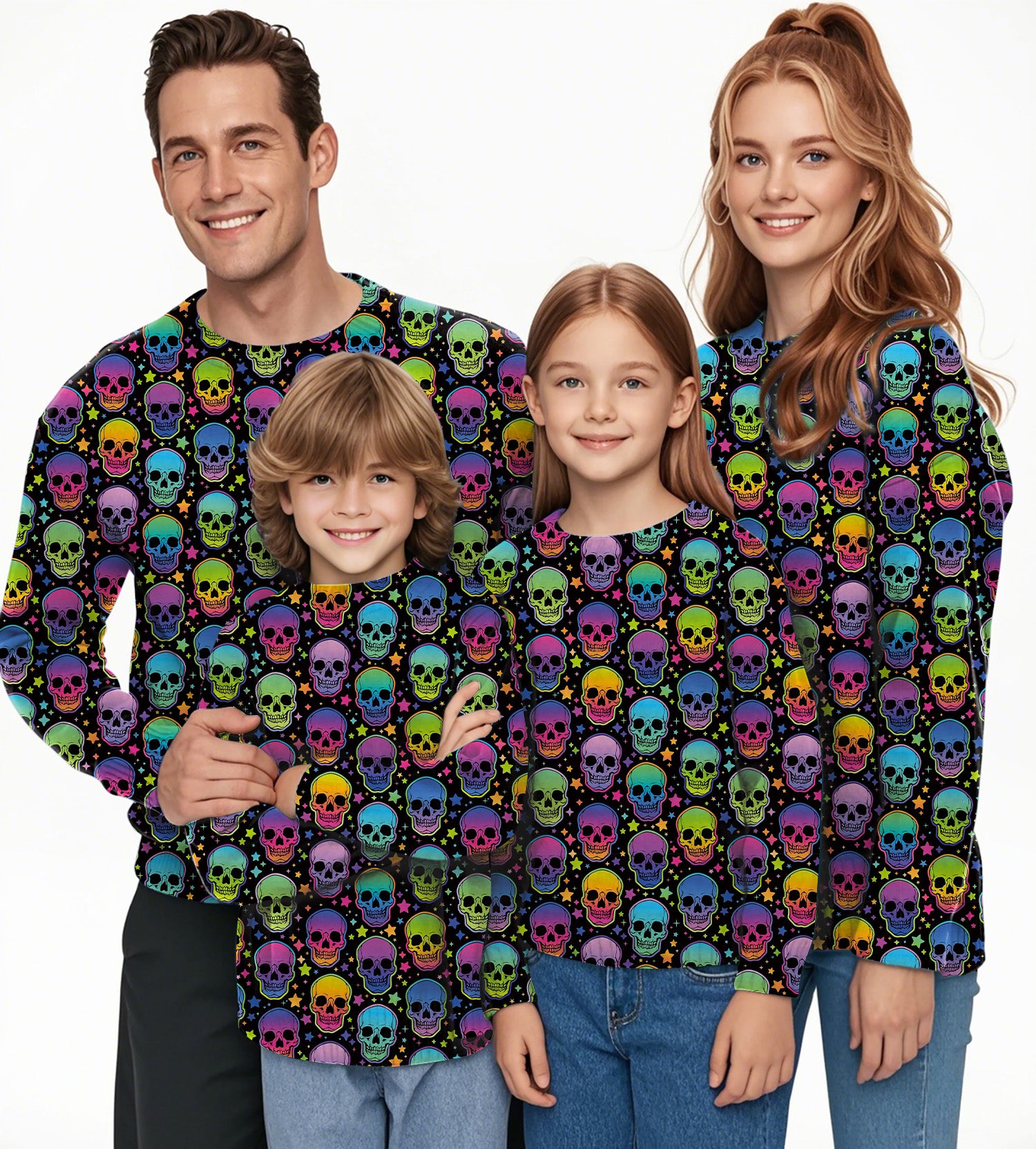 Neon Skulls Crewneck Pullover Ugly Sweater Men Women boy girl family