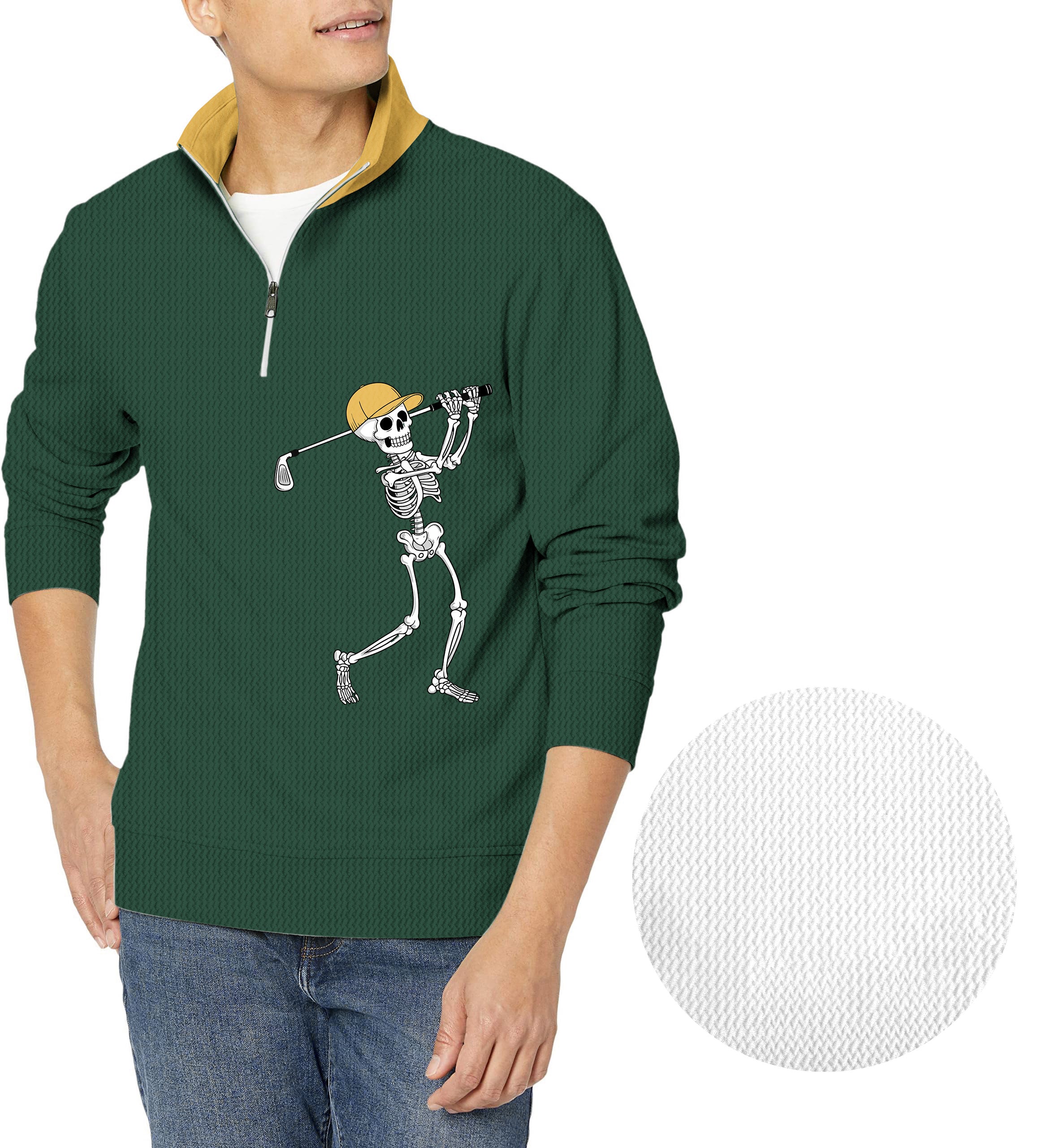 Yellow Green Halloween Skeleton Golf Men's Golf Waffle Zipper Pullover