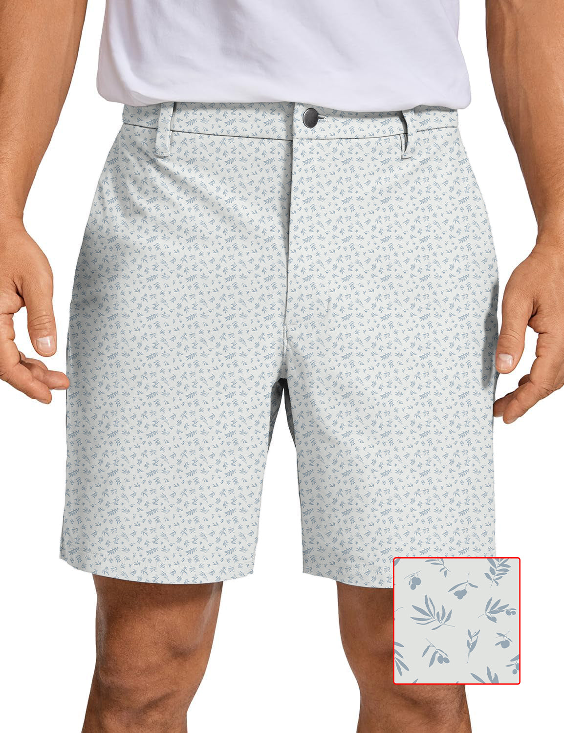 Men's leaves and fruits golf shorts with light blue botanical print, quick-dry, breathable, and lightweight fabric for comfort and performance.