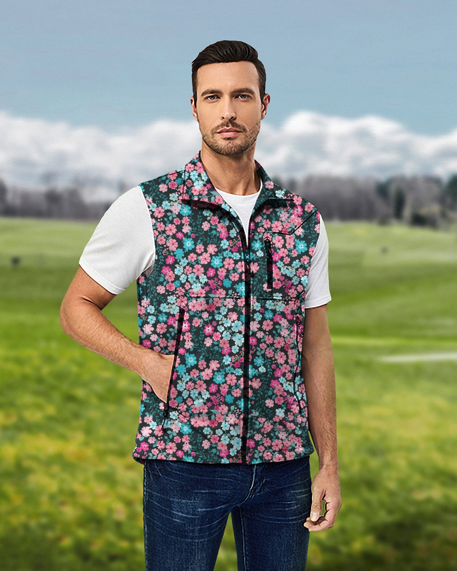 Men's Candy Blossoms Lightweight Softshell Vest Sleeveless Jacket for Golf Windproof Waterproof