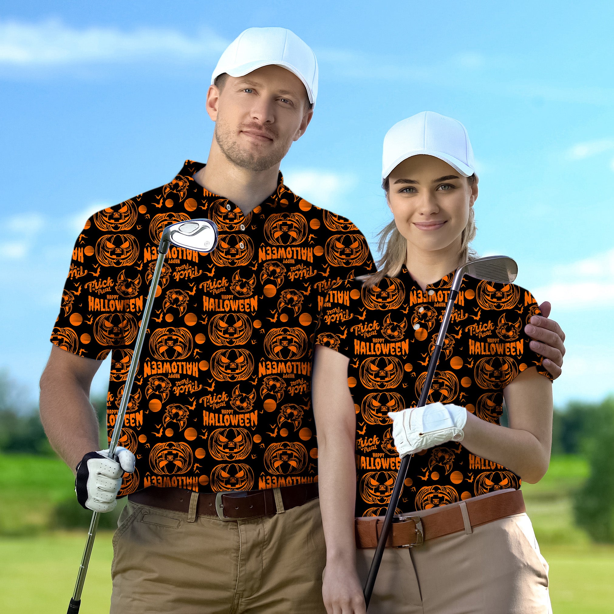 Couple Happy Halloween Pumpkin set Golf Championship Trophy tournament