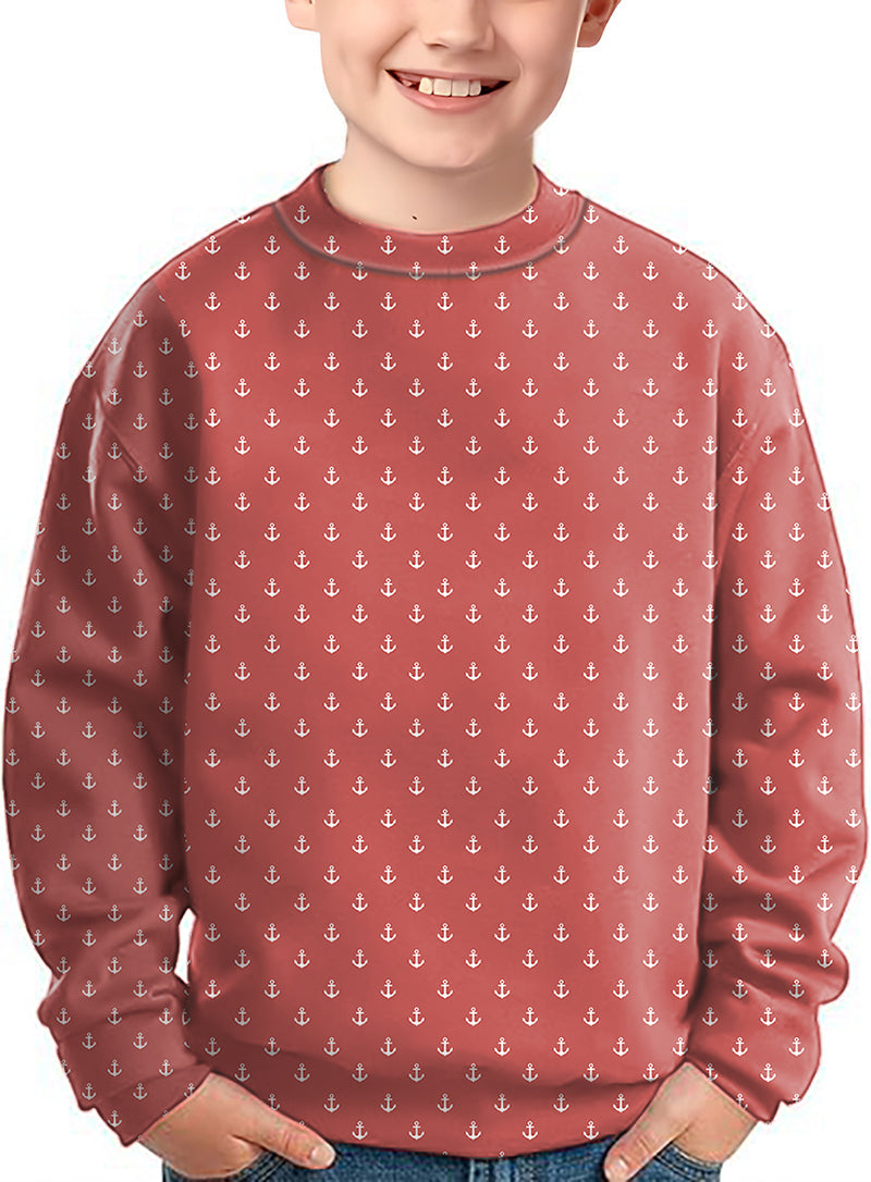 Kids pink red anchor crewneck pullover sweater with anchor pattern