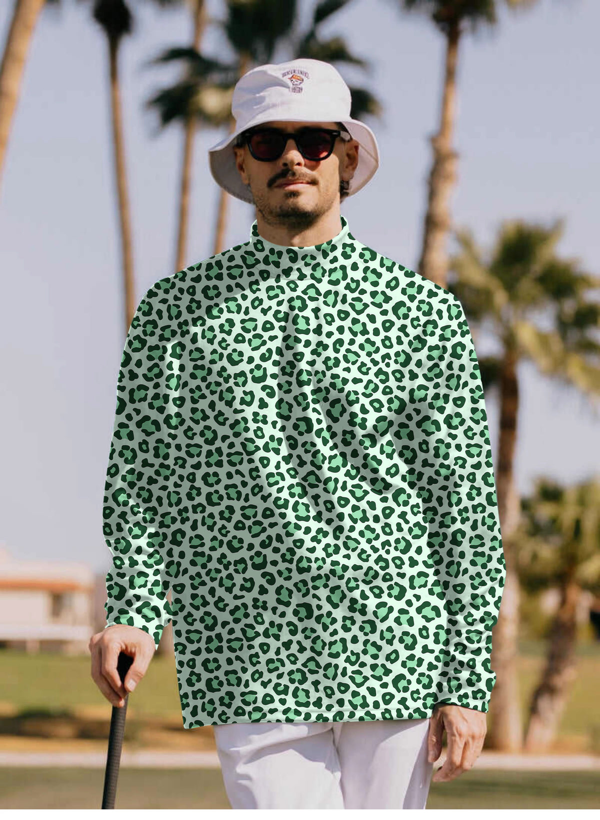 Men's Green leopard print Mock Neck Long/Short Sleeve Golf Tops