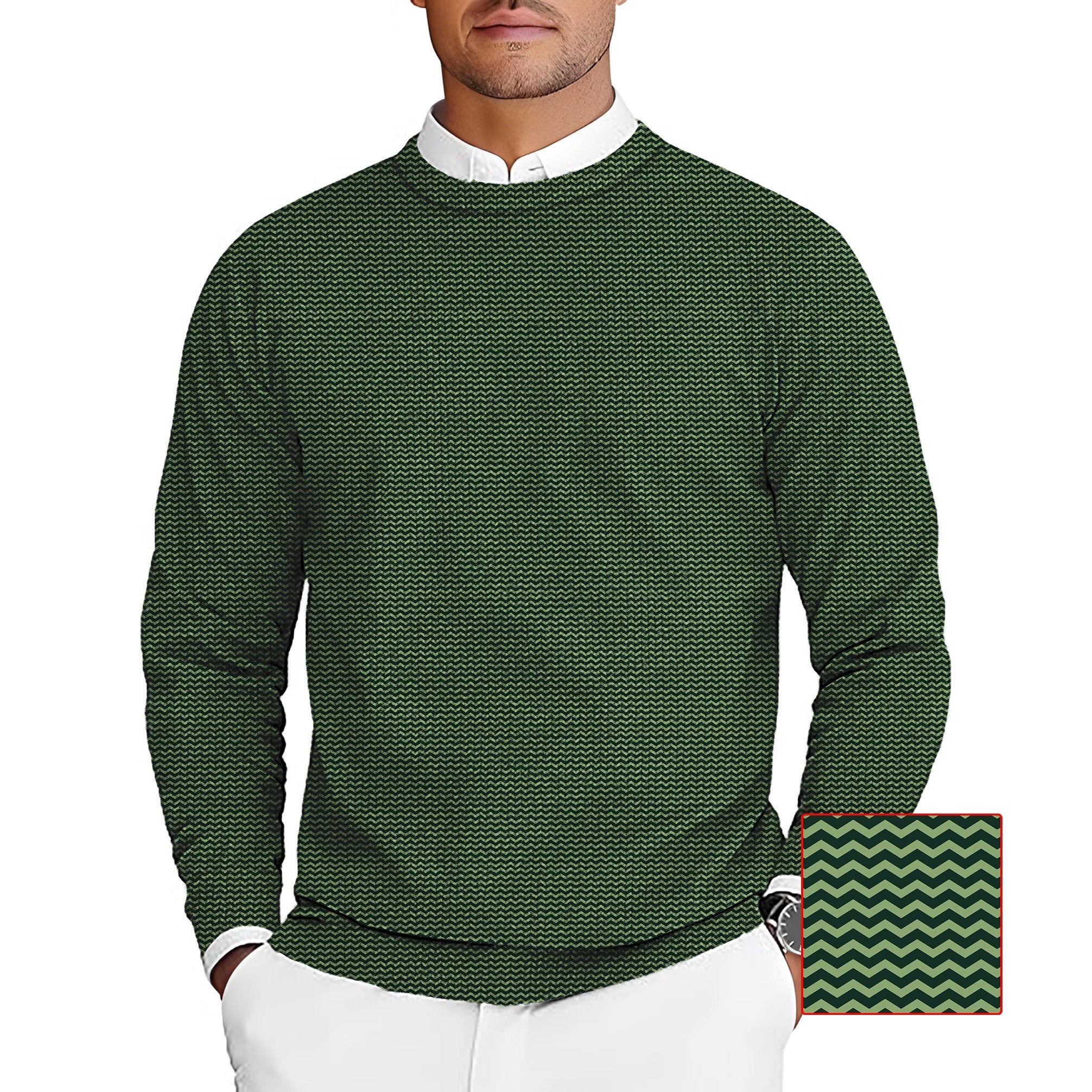 Green Waves Men's Golf crewneck pullover sweater with zigzag pattern and long sleeves