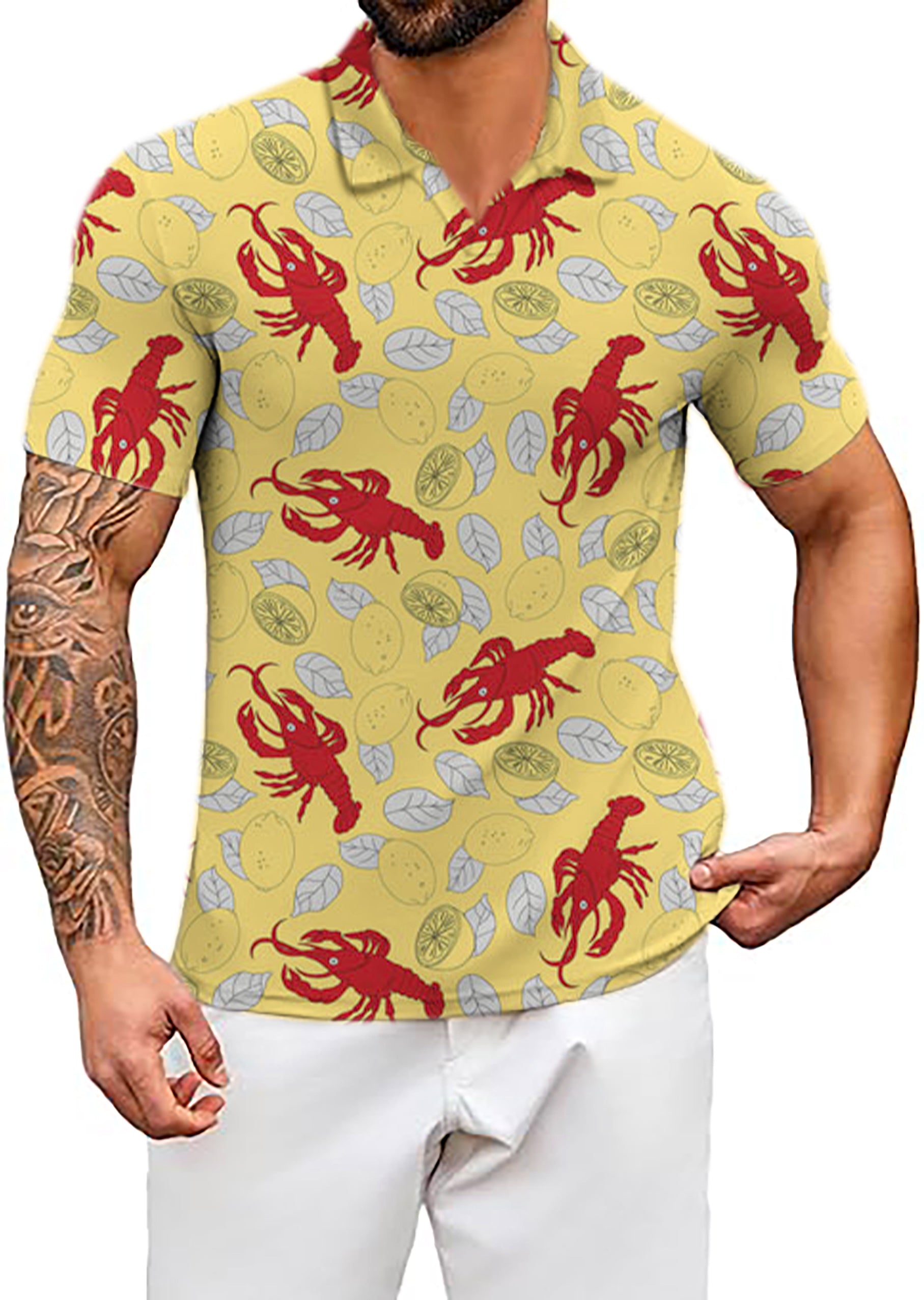 Men's Yellow-Crawfish-Lemon V Neck Golf Polo Shirts