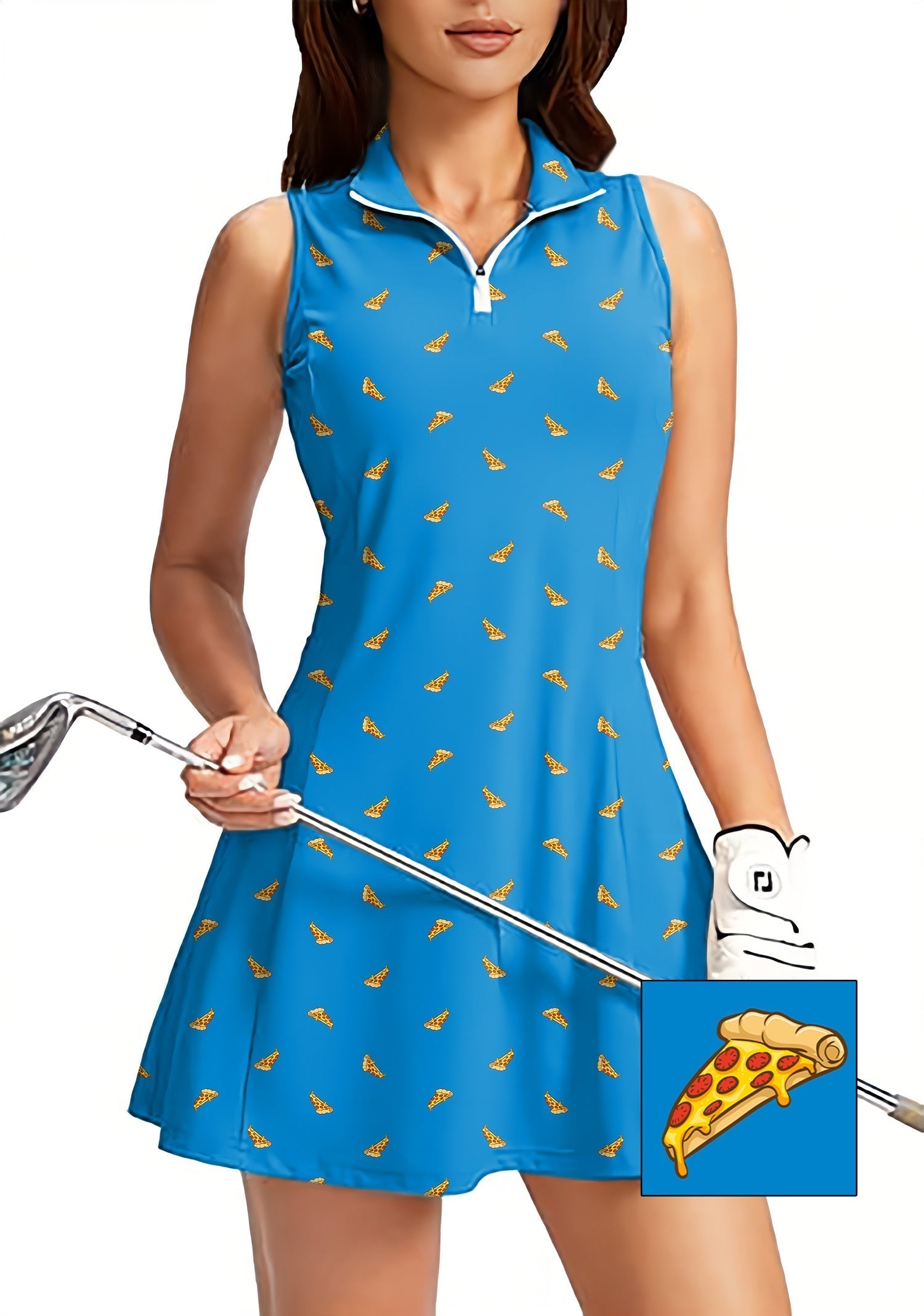 Women's blue sleeveless golf dress with white pizza custom print and built-in shorts