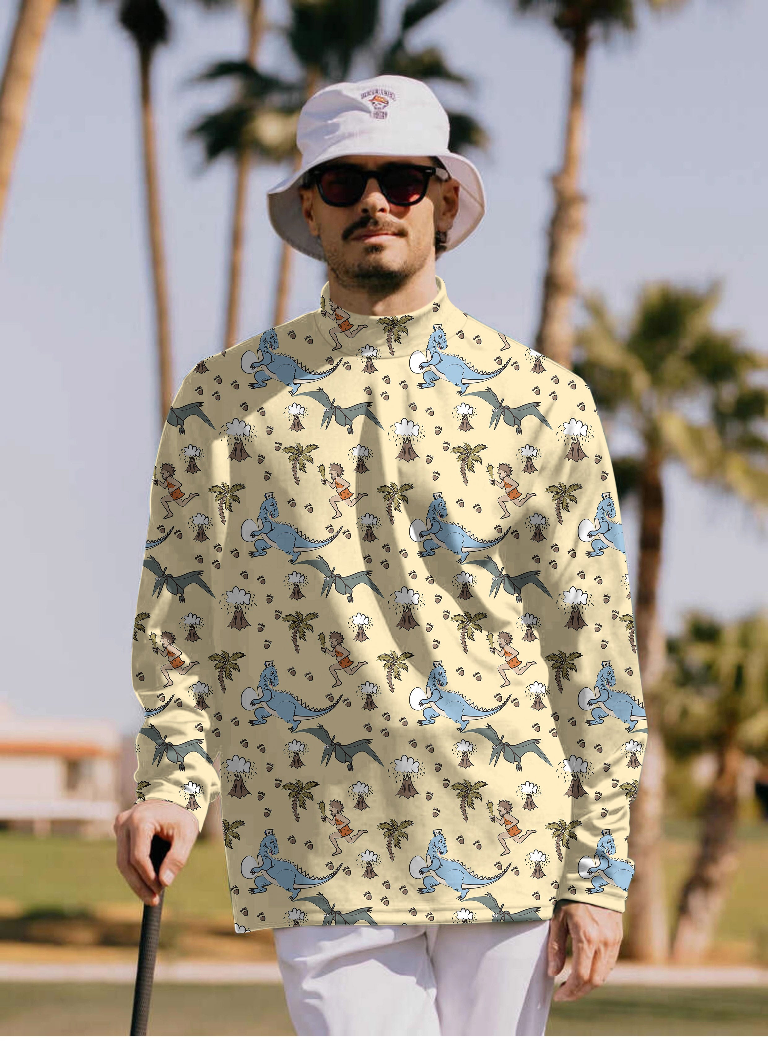 Men's dinosaur wild man volcano Pullover High neck Long/Short sleeve T-Shirt