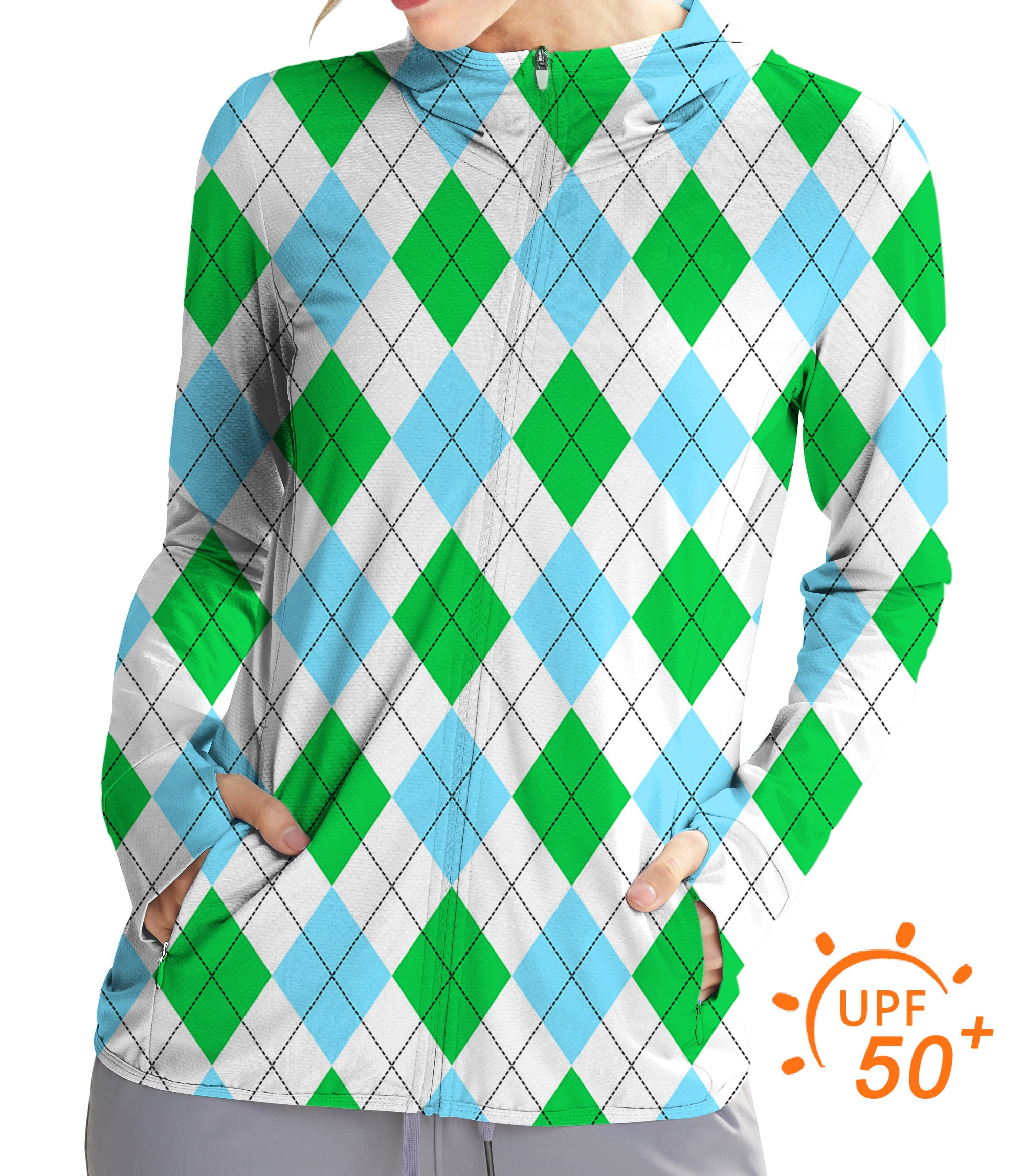 Women's Outdoor Green diamond grid Golf Sun Protection Slim Fit zip hoodies