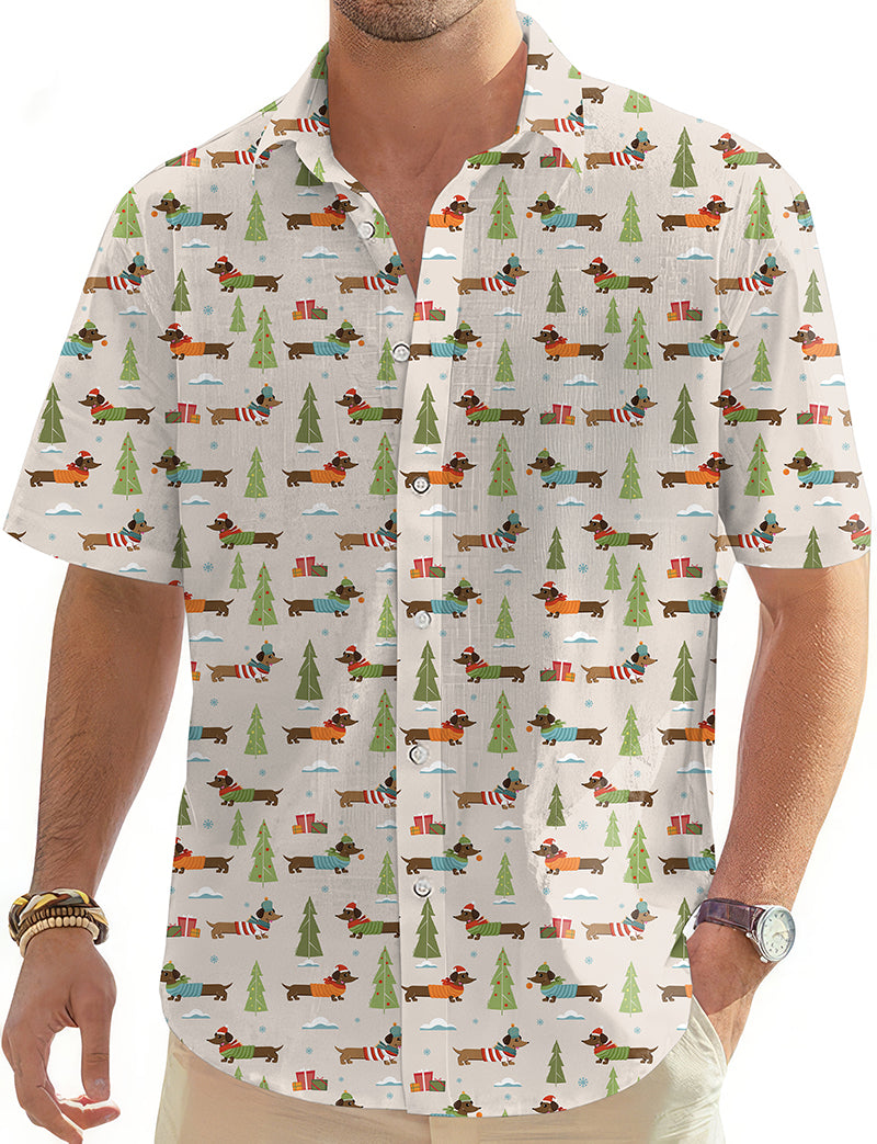 Men's Christmas Dachshund button-down Hawaiian shirt with festive dachshund and Christmas tree print