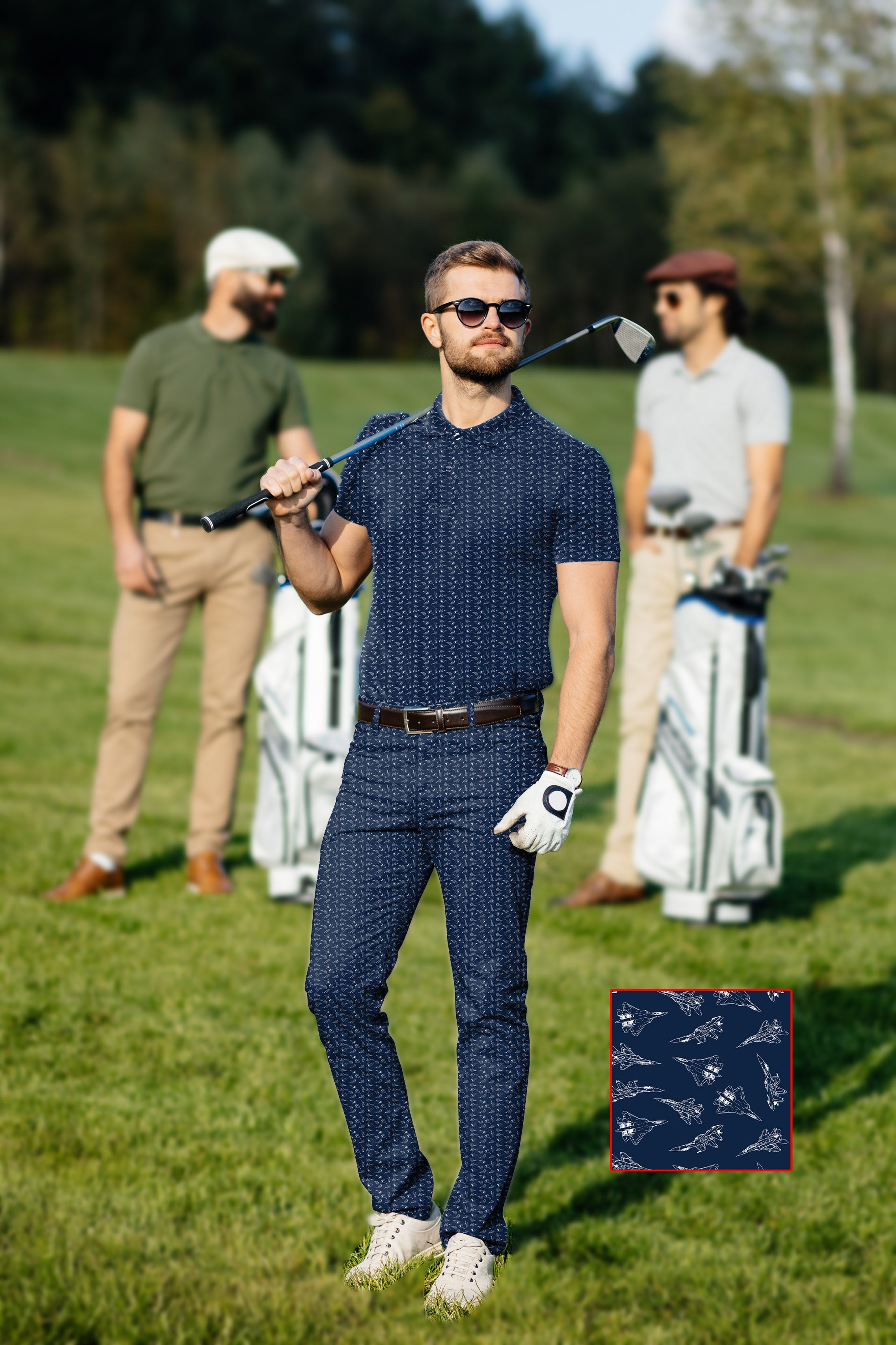 Men's golf set with custom polo and pants in navy blue, featuring four-way stretch and moisture-wicking fabric
