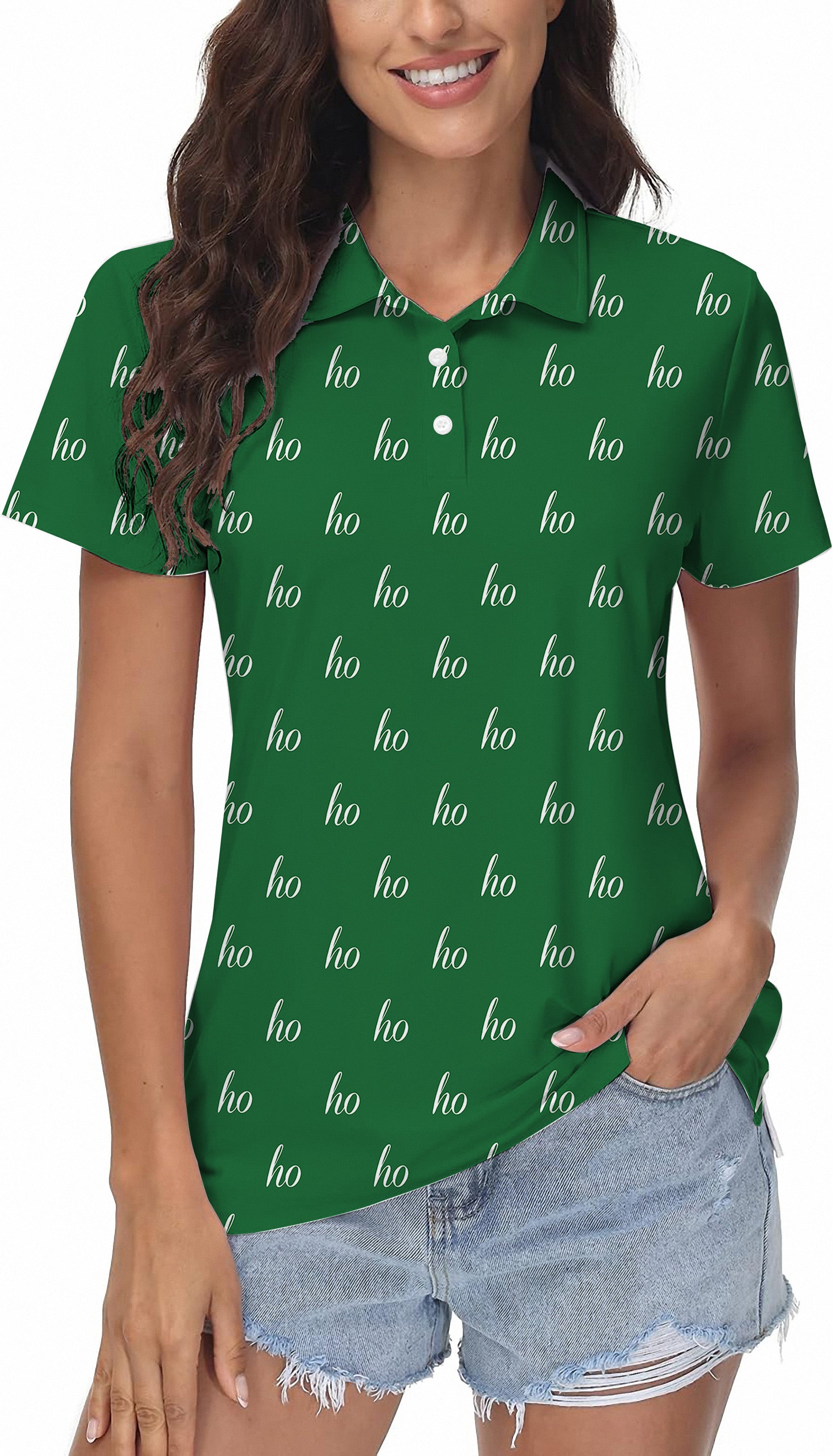 Green women's golf polo shirt with custom "ho" Christmas print and classic fit