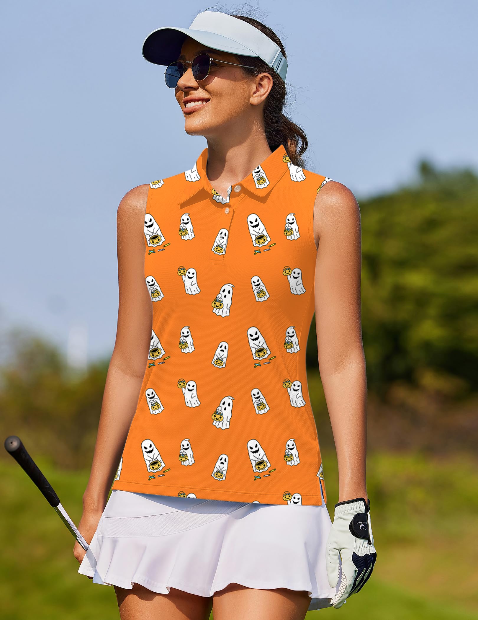 Halloween Ghost Pumpkin Basket Custom The Background Color Women's golf Sleeveless shirt