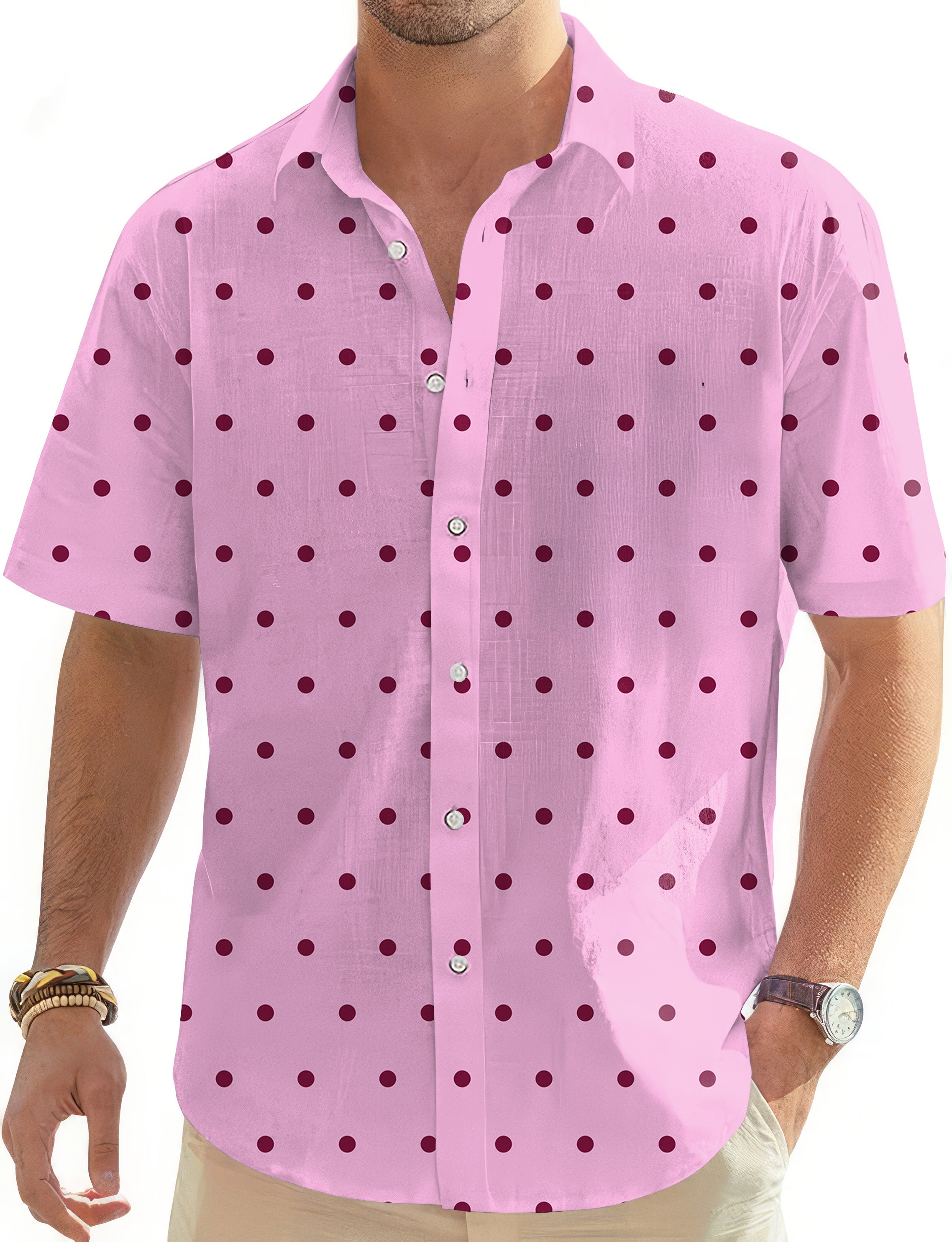 Pink Polka Dots Men's Golf Hawaiian Shirts Button Down Shirt