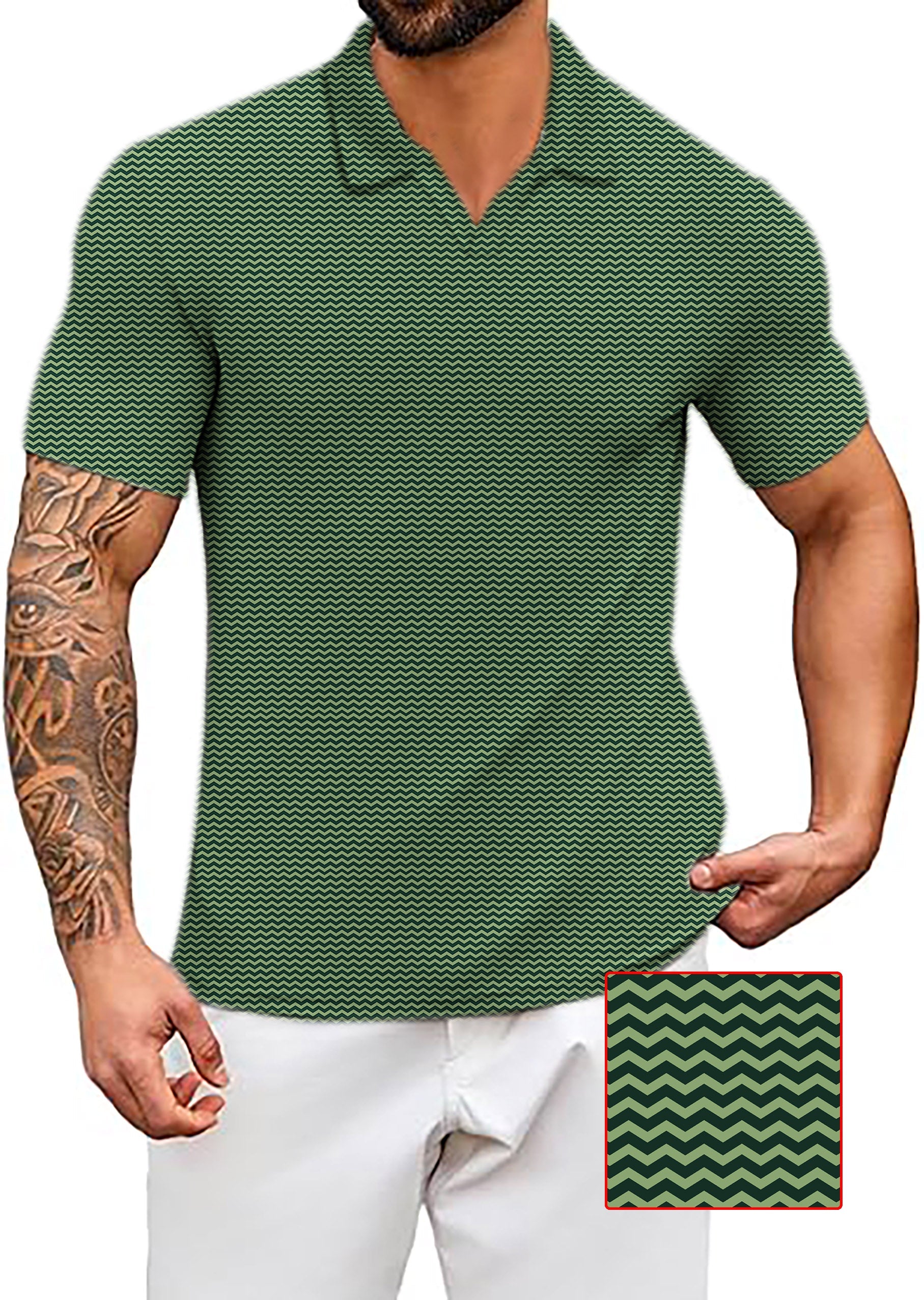 Men's Coconut Palm green wave pattern stretch polo shirt with wrinkle resistance and UPF 40+ protection