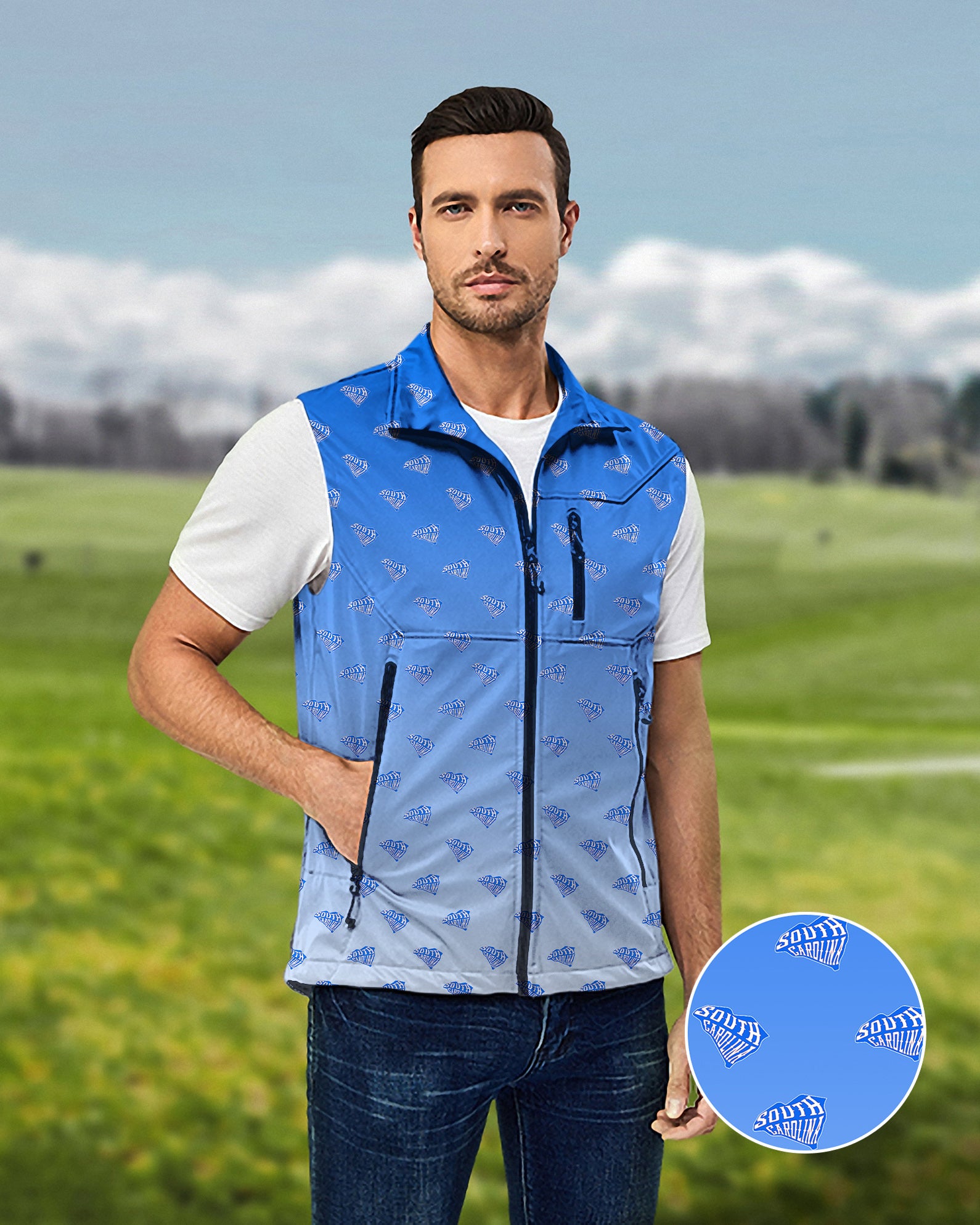 Men's Blue South Carolina Lightweight Softshell Vest Sleeveless Jacket for Golf Windproof Waterproof