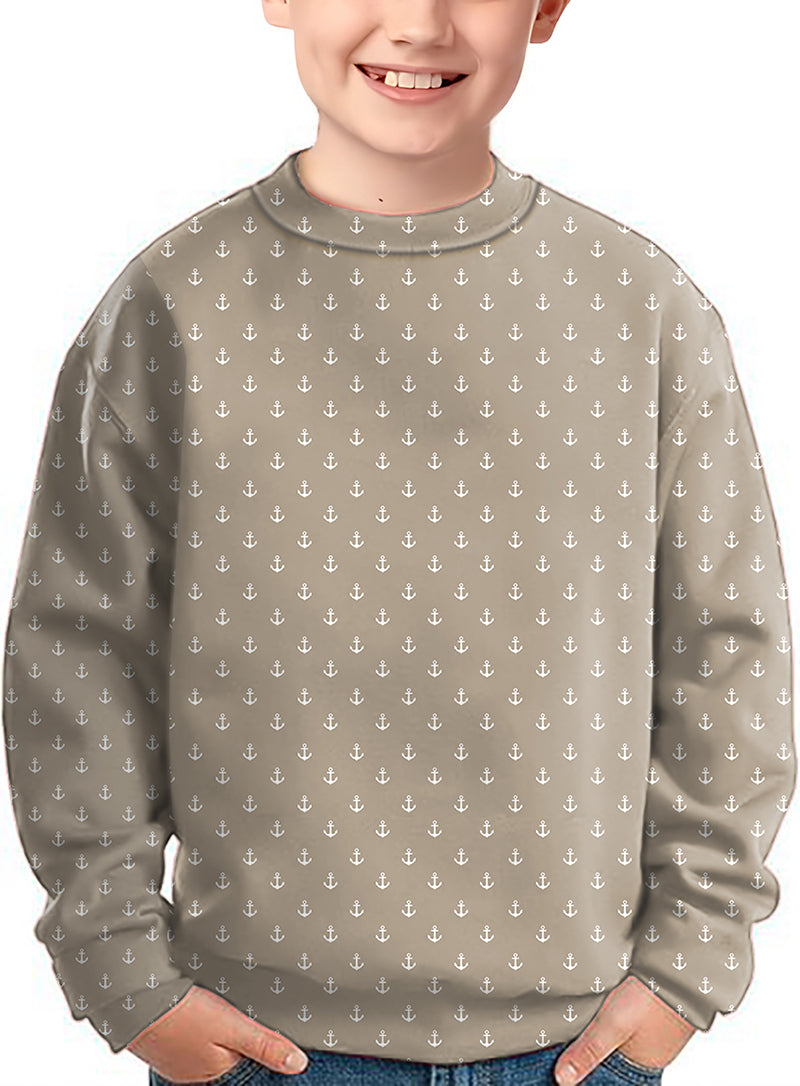 Beige anchor pattern crewneck pullover for kids with nautical design