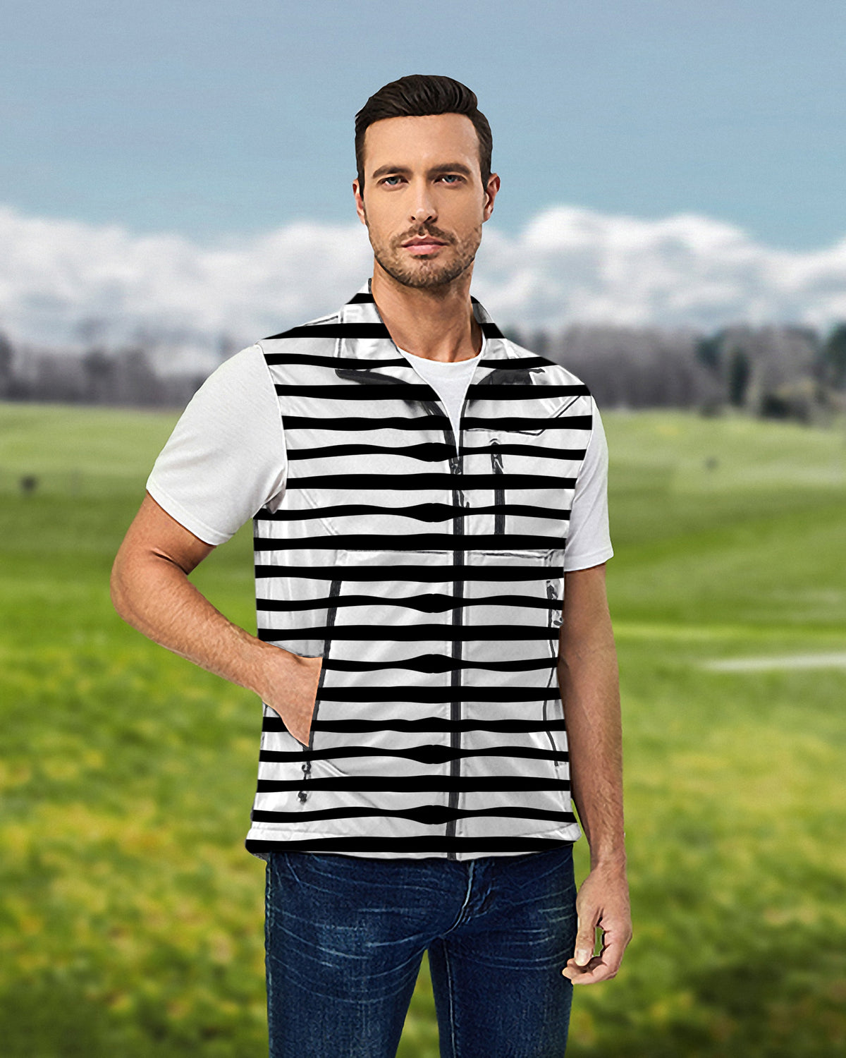 Men's Zebra stripes Lightweight Softshell Vest Sleeveless Jacket for Golf Windproof Waterproof