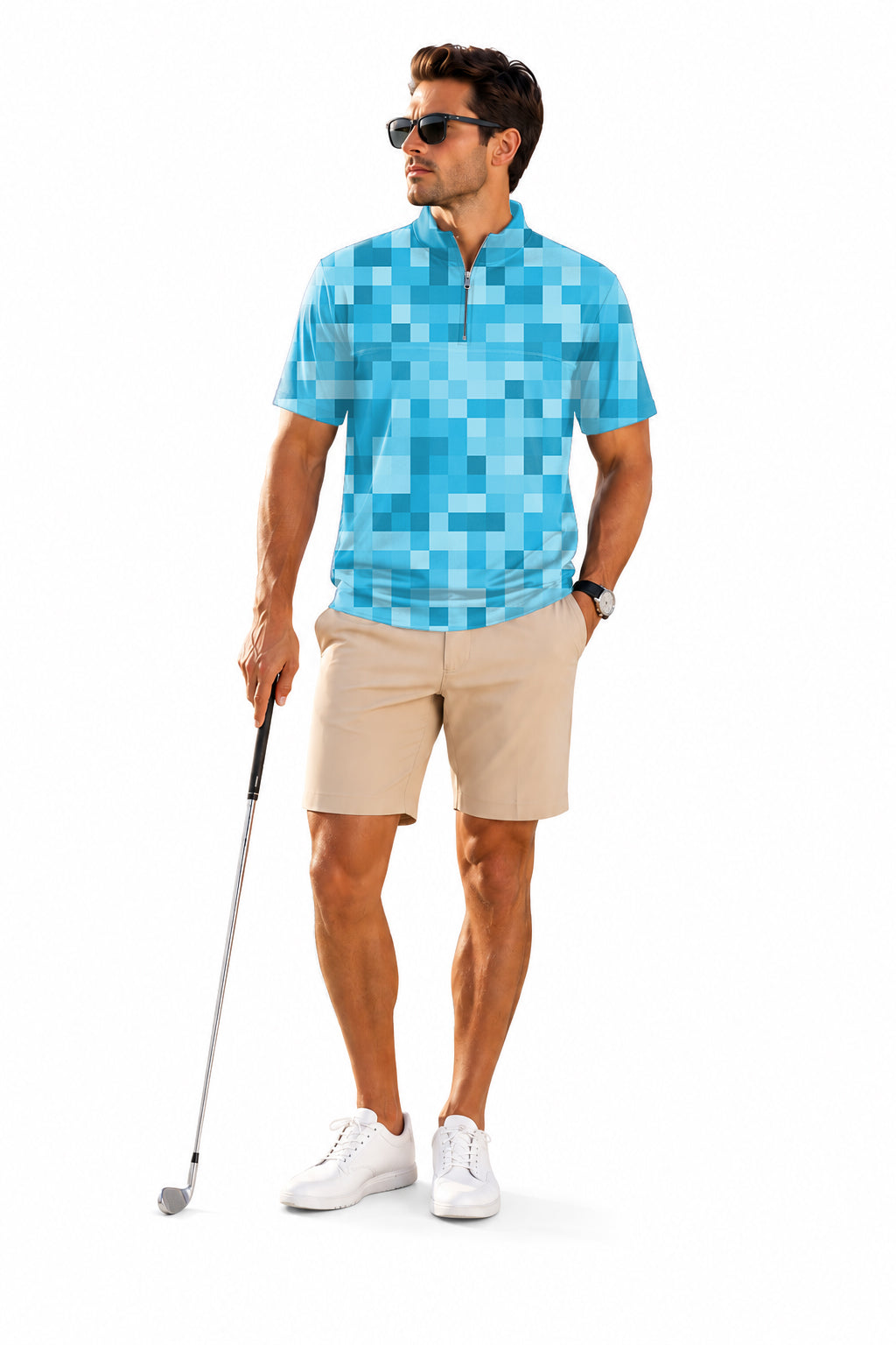 Men's Short Sleeve Quarter Zip Golf Pullover  Blue Pixel-Big Embroidery