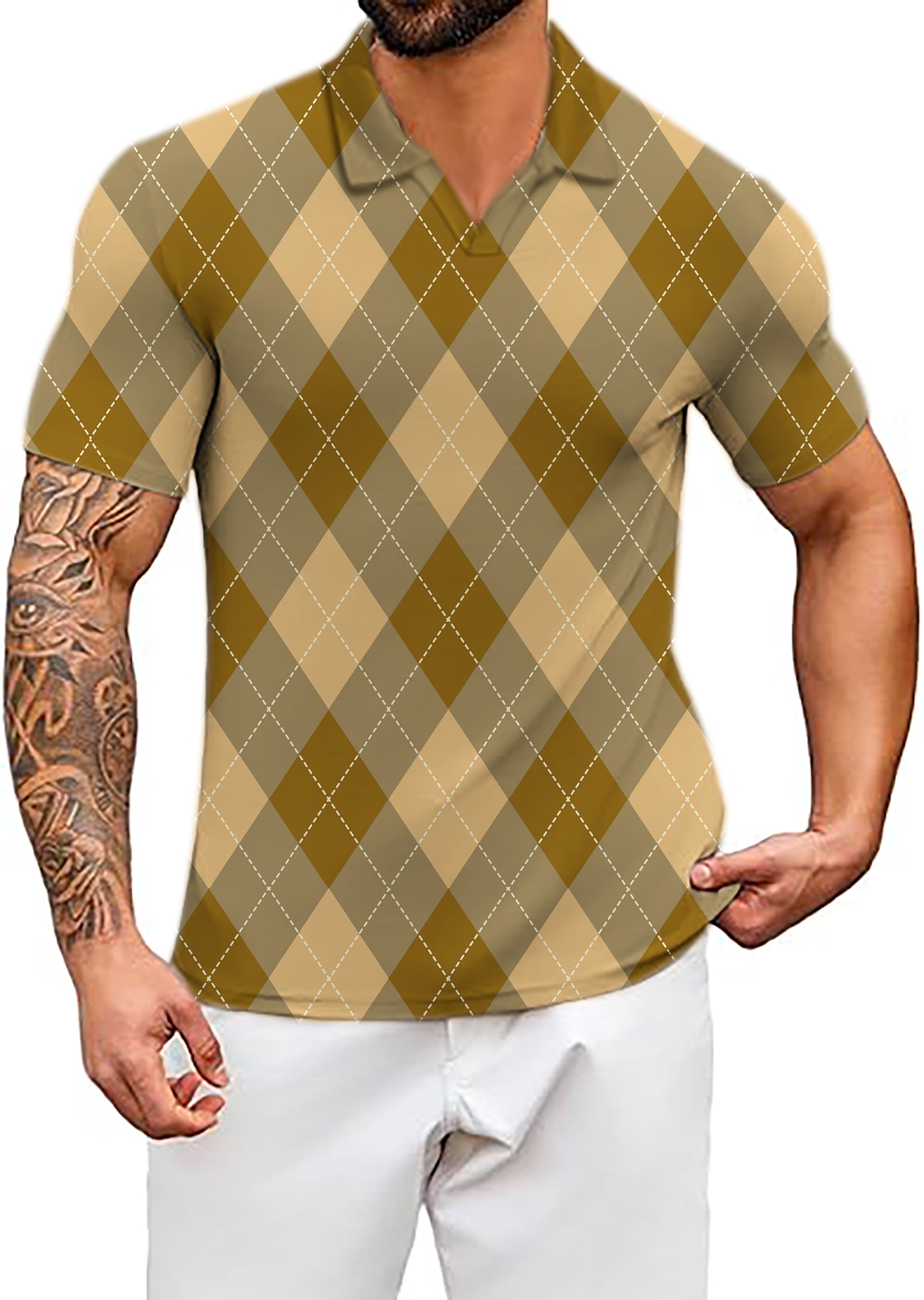 Men's brown Argyle V Neck Golf Polo Shirts