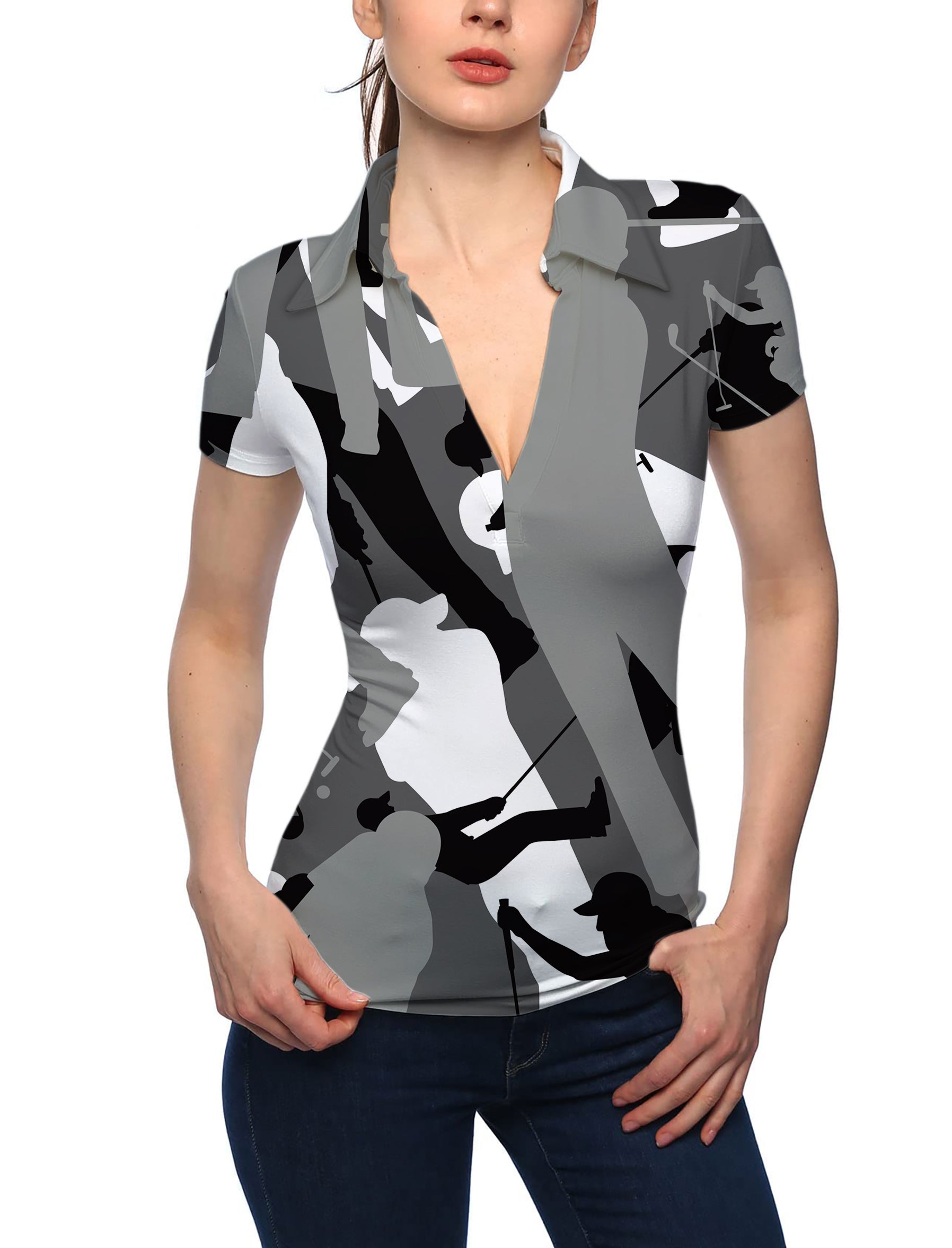 Women's Black And White Golf V Neck Golf Polo